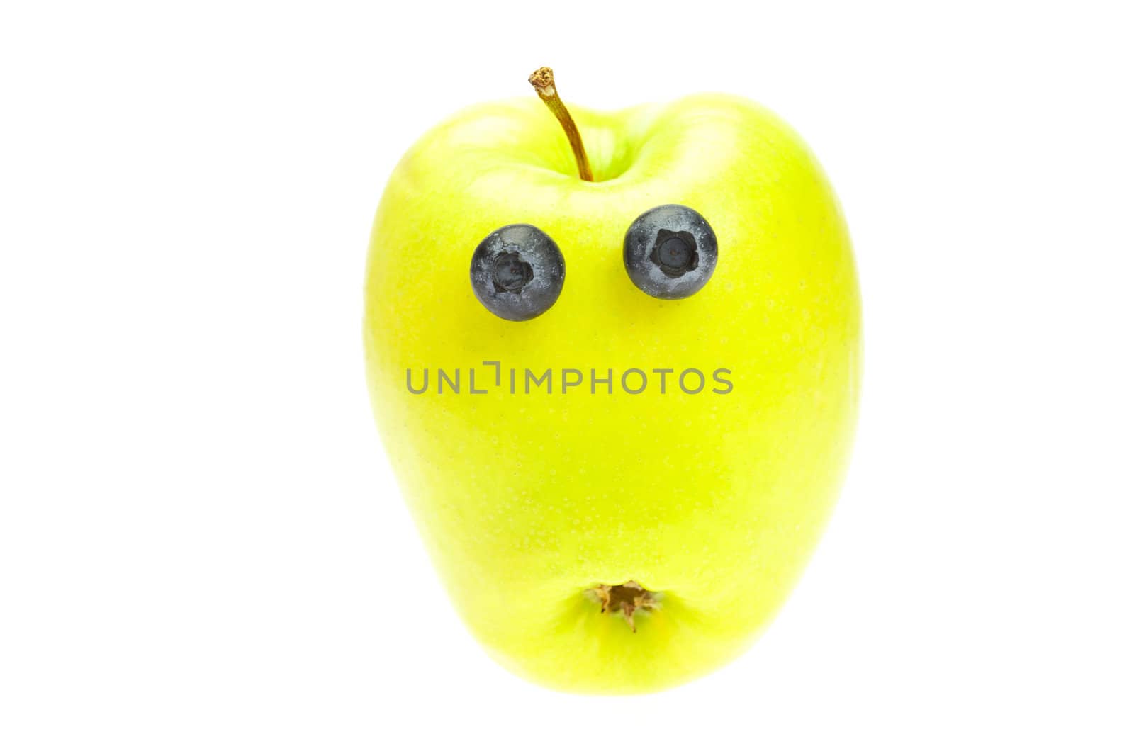 funny little man from the apple with the eyes of blueberries isolated on white