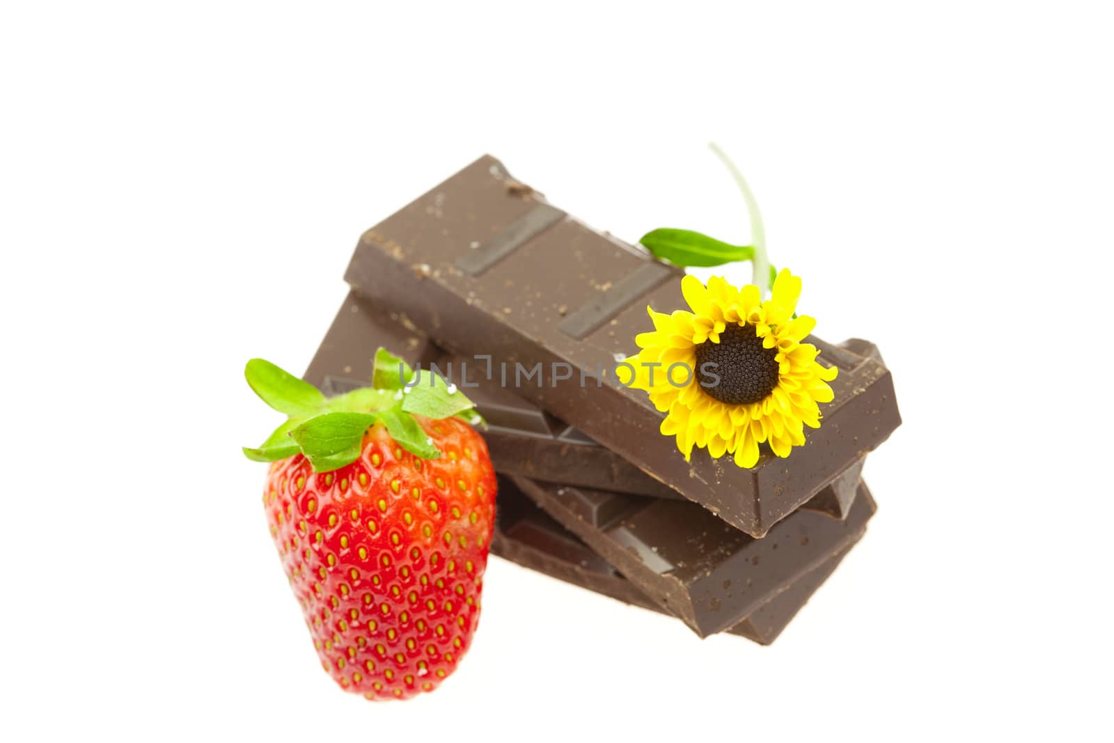 chocolate, strawberry and flower isolated on white