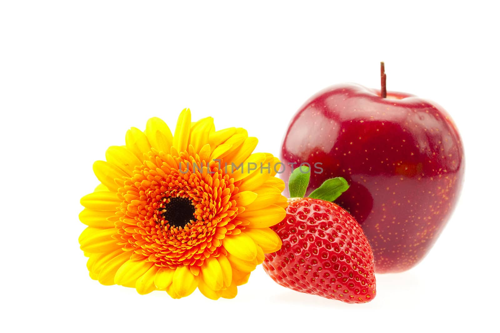 flower, strawberry and apple isolated on white