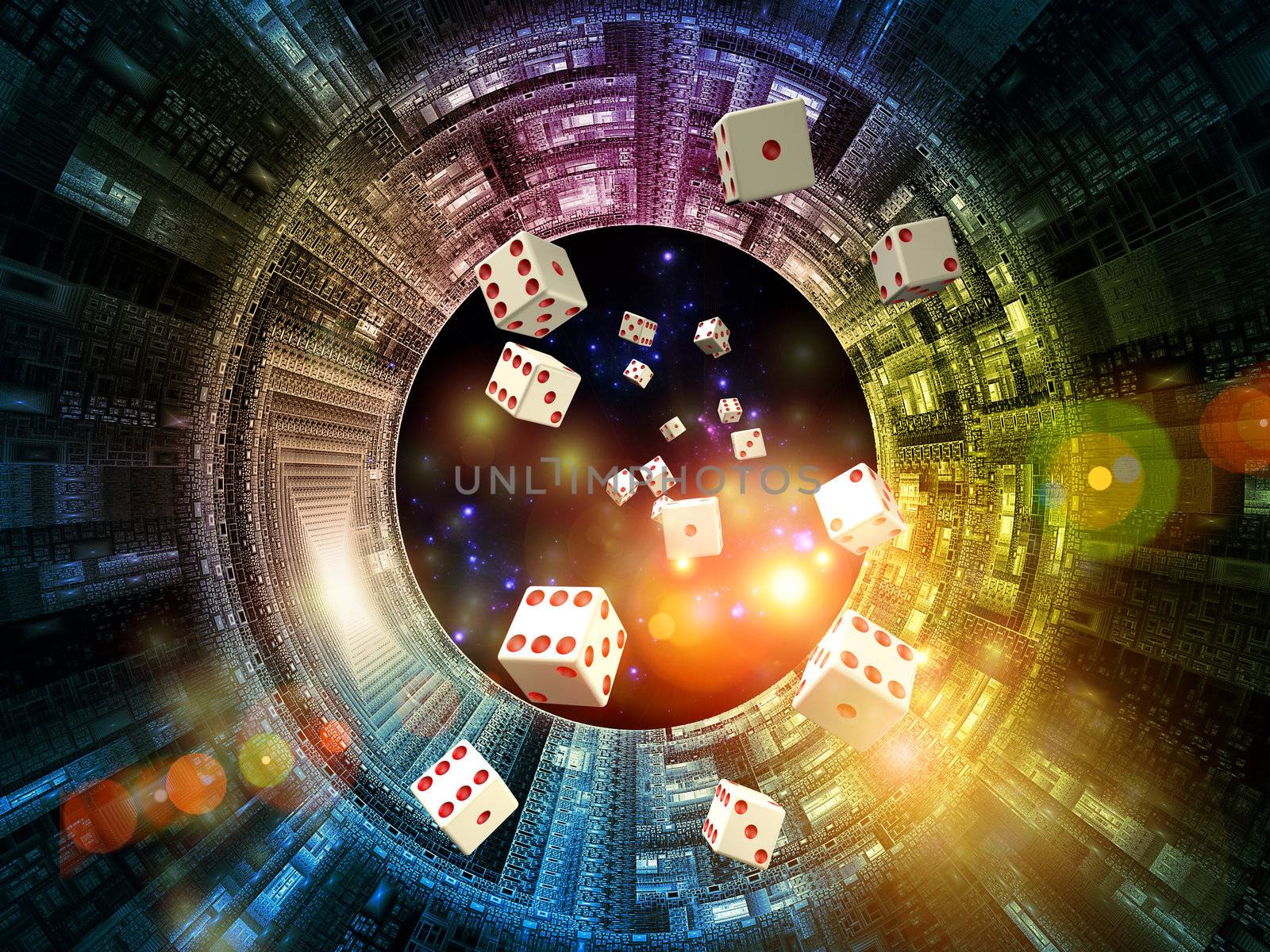 Interplay of dice and technological background on the subject of chance, luck, risk, mathematics and computation in modern business and technology