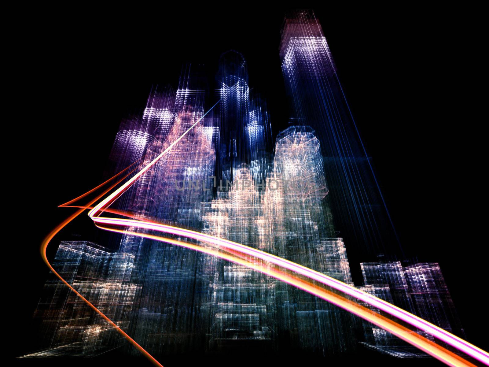 Interplay of abstract building structures and light trails on the subject of dynamism in modern technologies and business