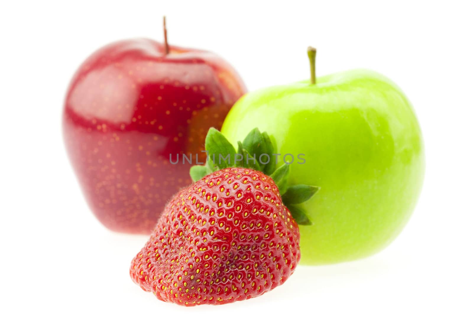 two apples and strawberries isolated on white