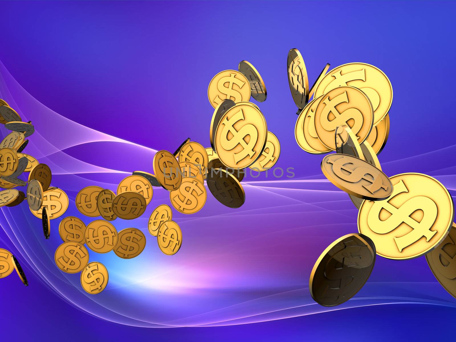 Interplay of golden dollar coins against elegant wave background on the subject of finance, money, business and commerce