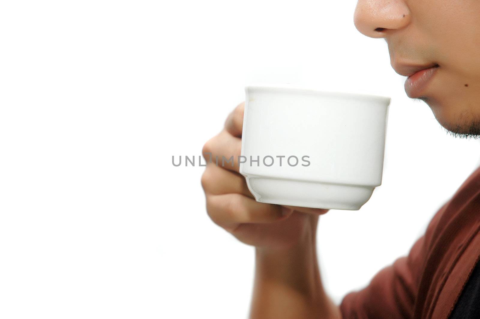 a man drinking coffee isolated on white background