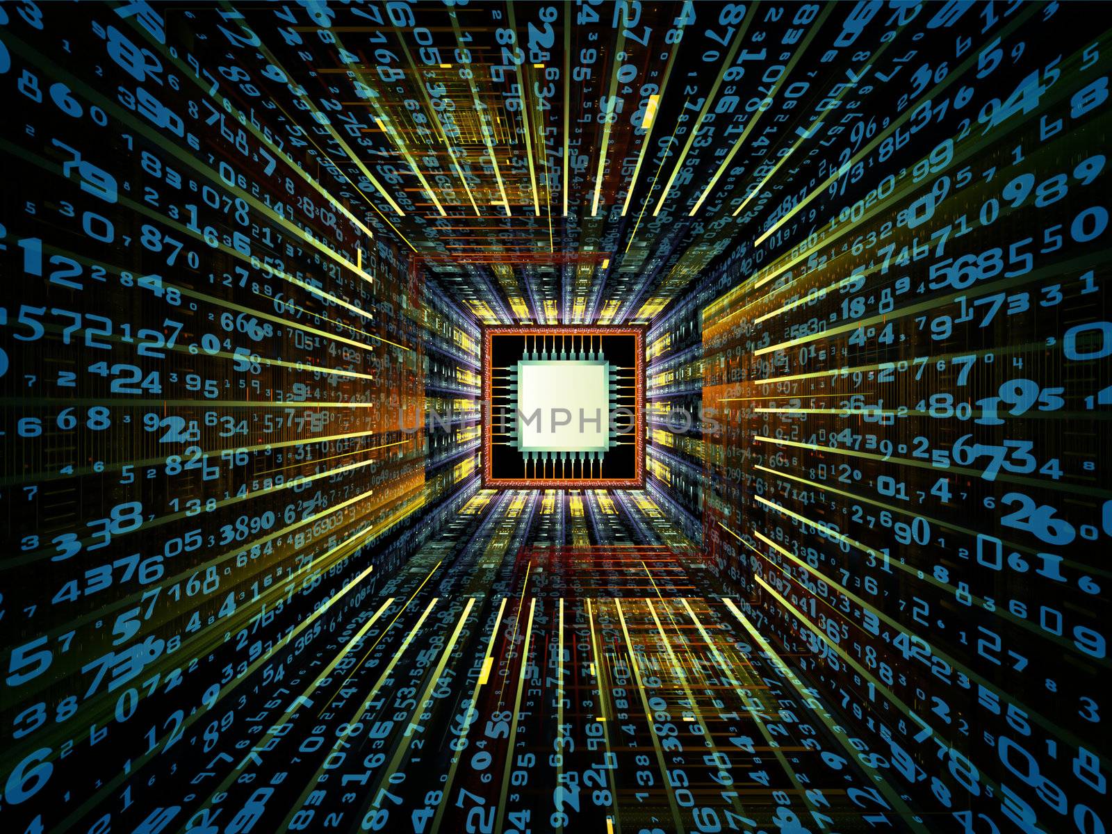 Interplay of CPU graphic, colors and abstract technological elements on the subject of digital technologies, computers and information processing