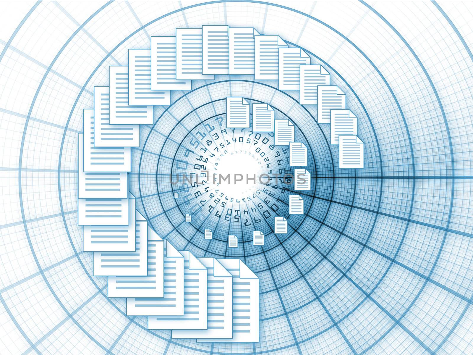 Interplay of document icons and abstract elements on the subject of office, document processing and business