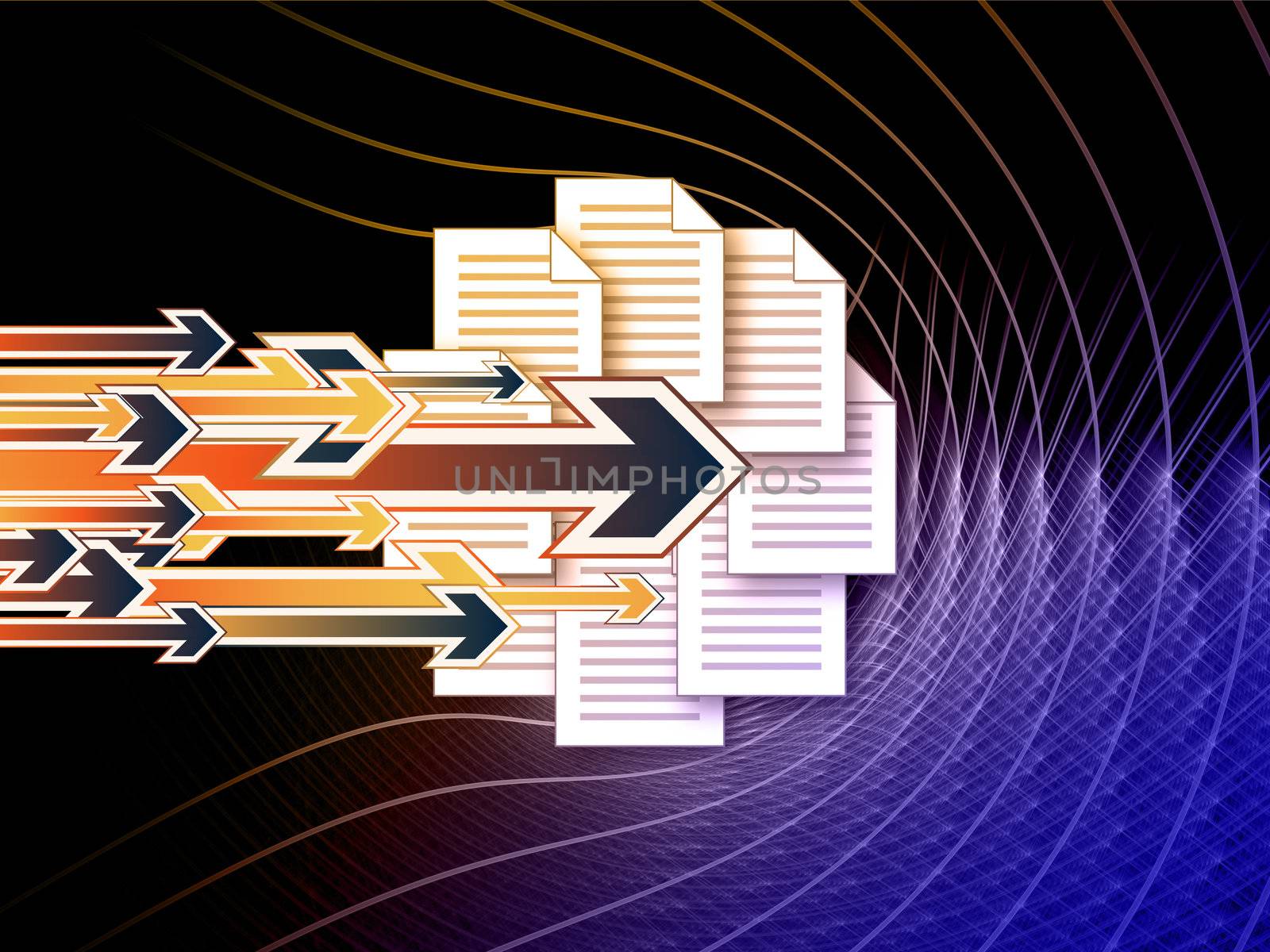 Interplay of document icons and abstract elements on the subject of office, document processing and business