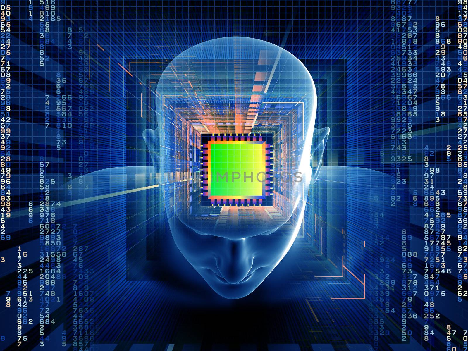 Collage of human head, computer chip, digits and various abstract elements on the subject of intelligence, science, technology, human and artificial mind