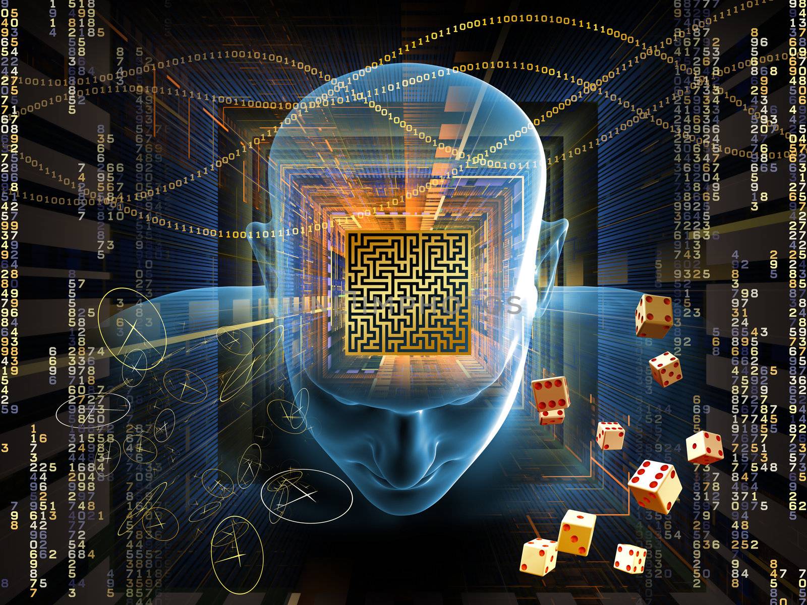 Collage of human head, maze, digits and various abstract elements on the subject of intelligence, modern technologies and human mind