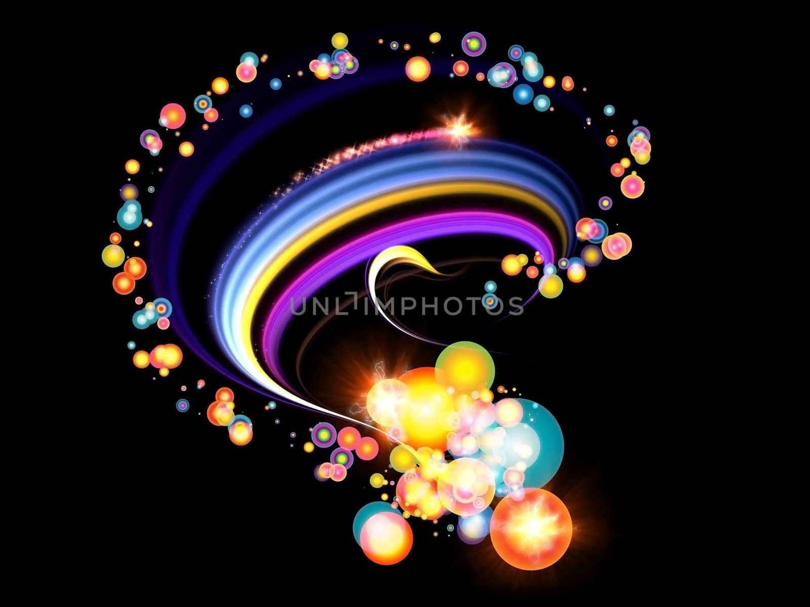 Dynamic burst of abstract color forms and lights against dark background on the subject of positive energy, action and joy