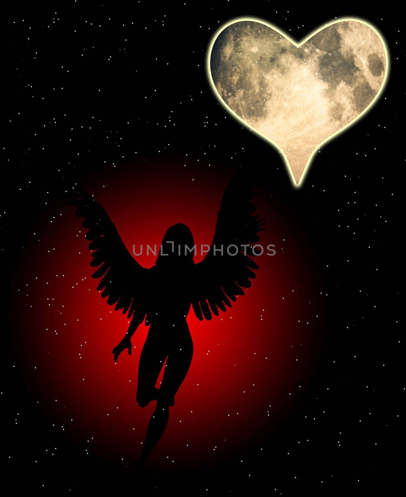 An angel with a heart shaped moon.