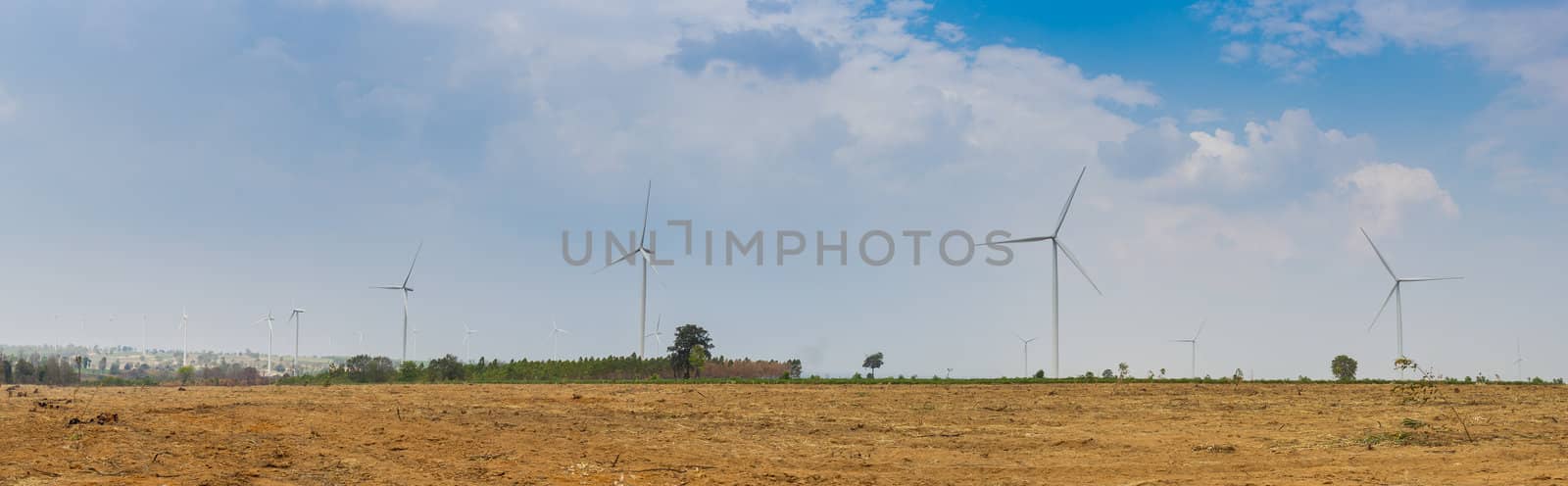 Eco power, wind turbines field panorama