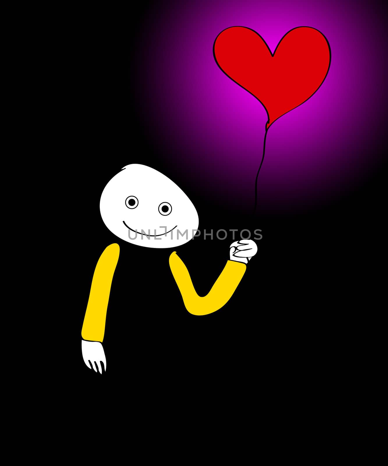 Cartoon figure holding a balloon in the shape of a heart.