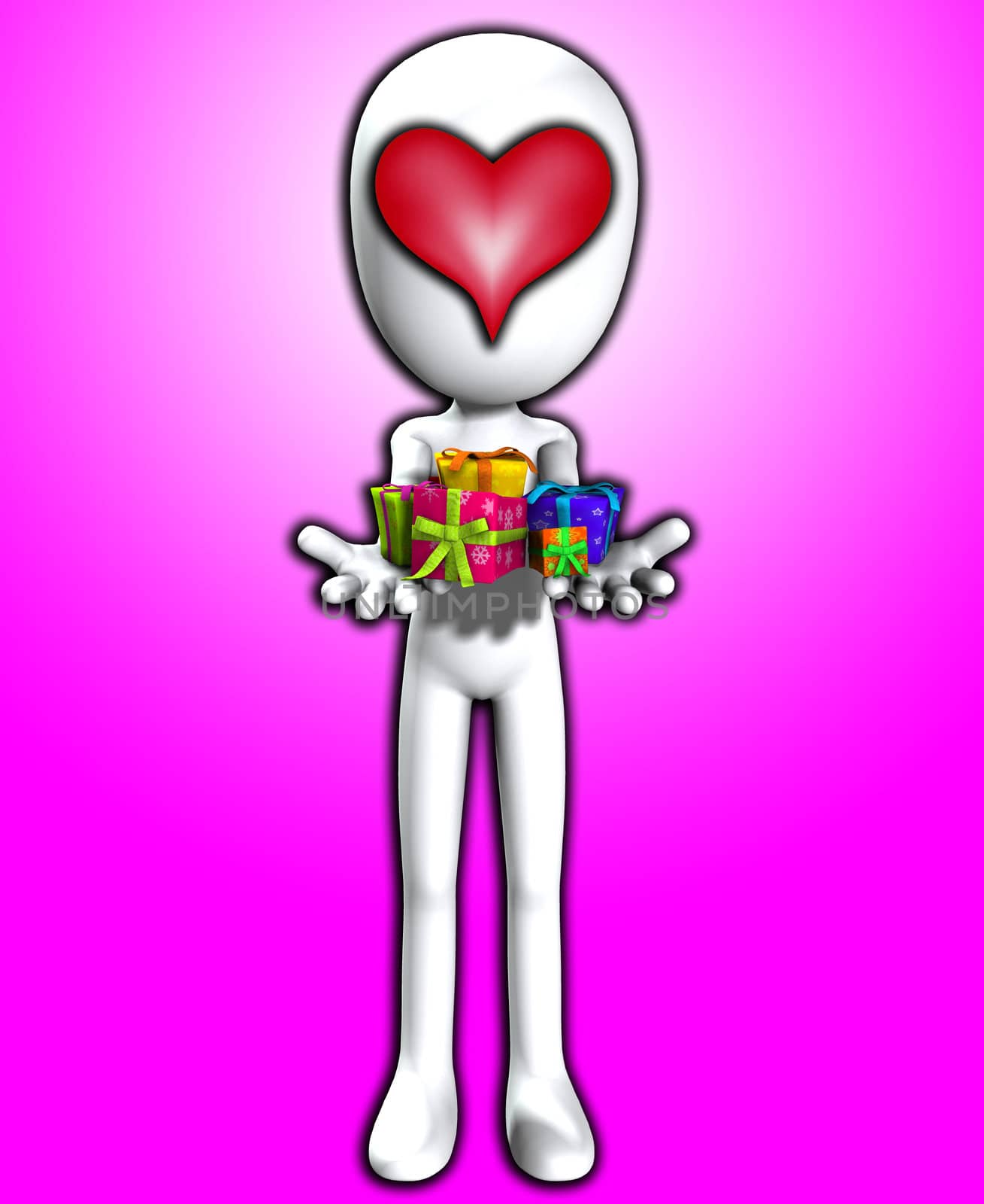 Faceless figure holding out a load of valentines day gifts.