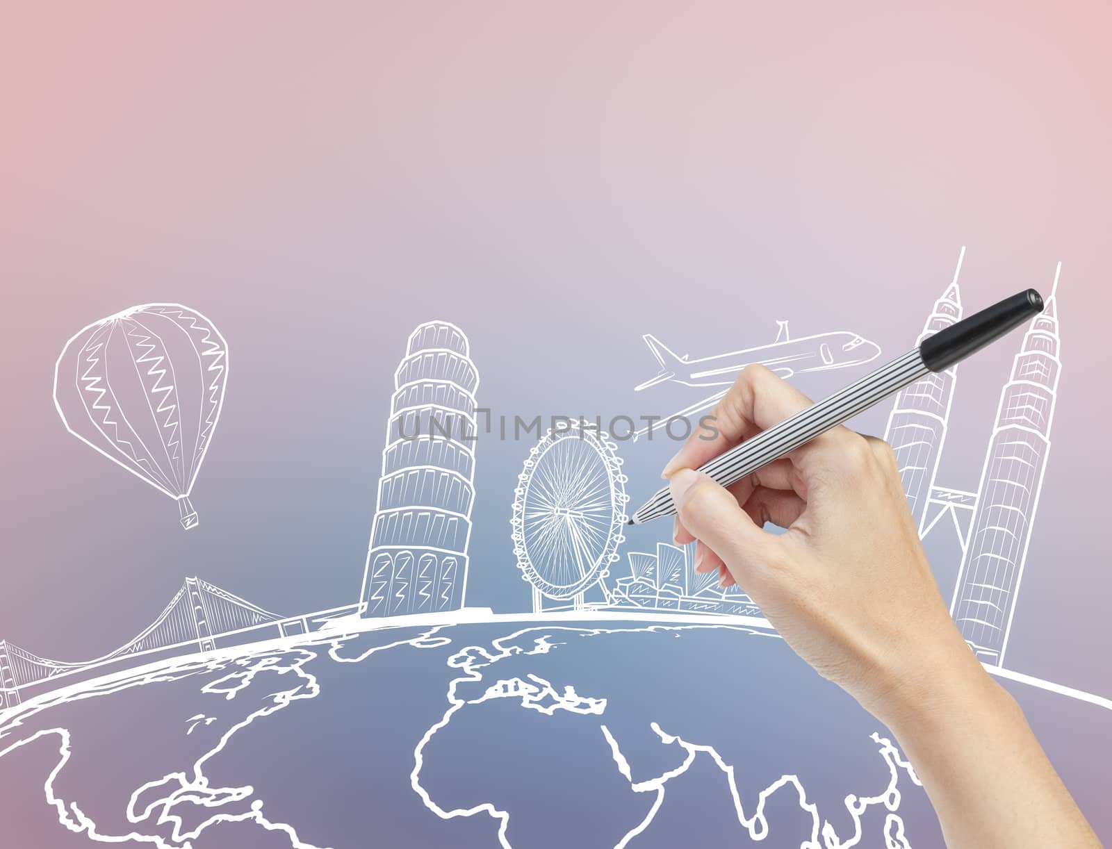 hand drawing the dream travel around the world