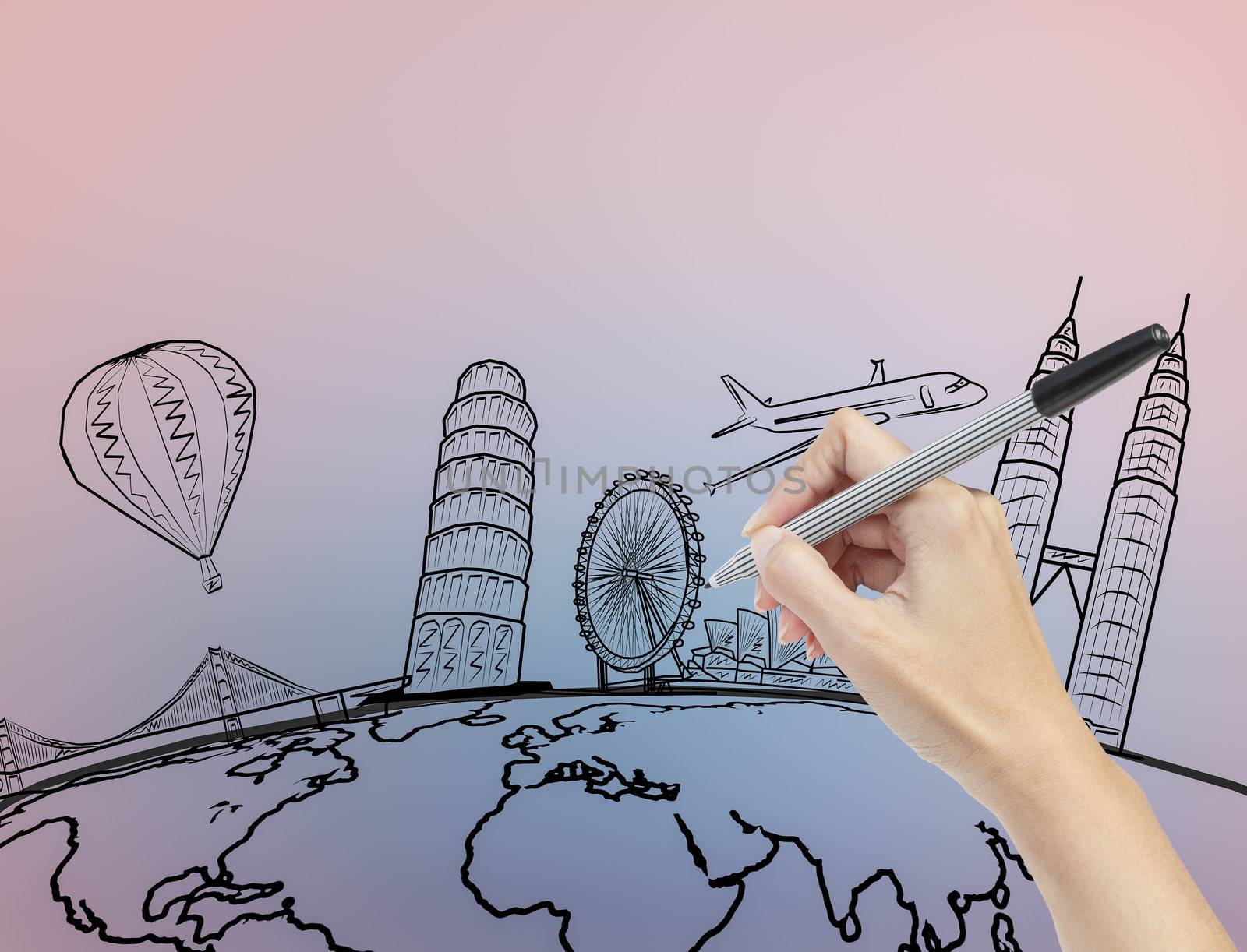 hand drawing the dream travel around the world