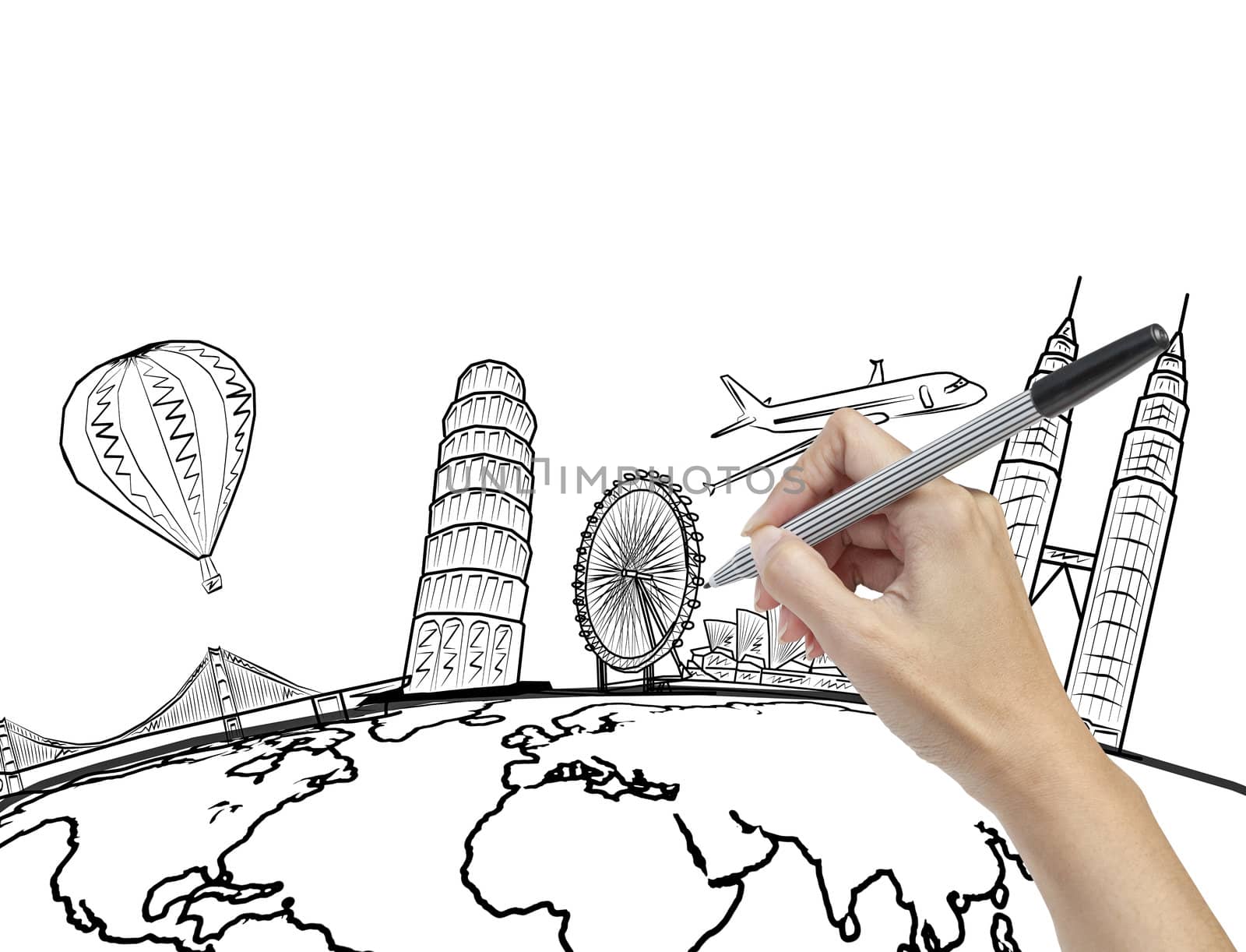 hand drawing the dream travel around the world