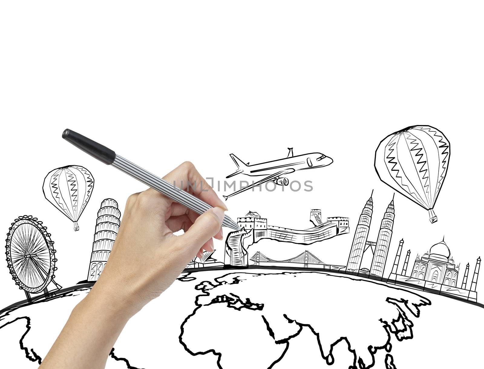 hand drawing the dream travel around the world