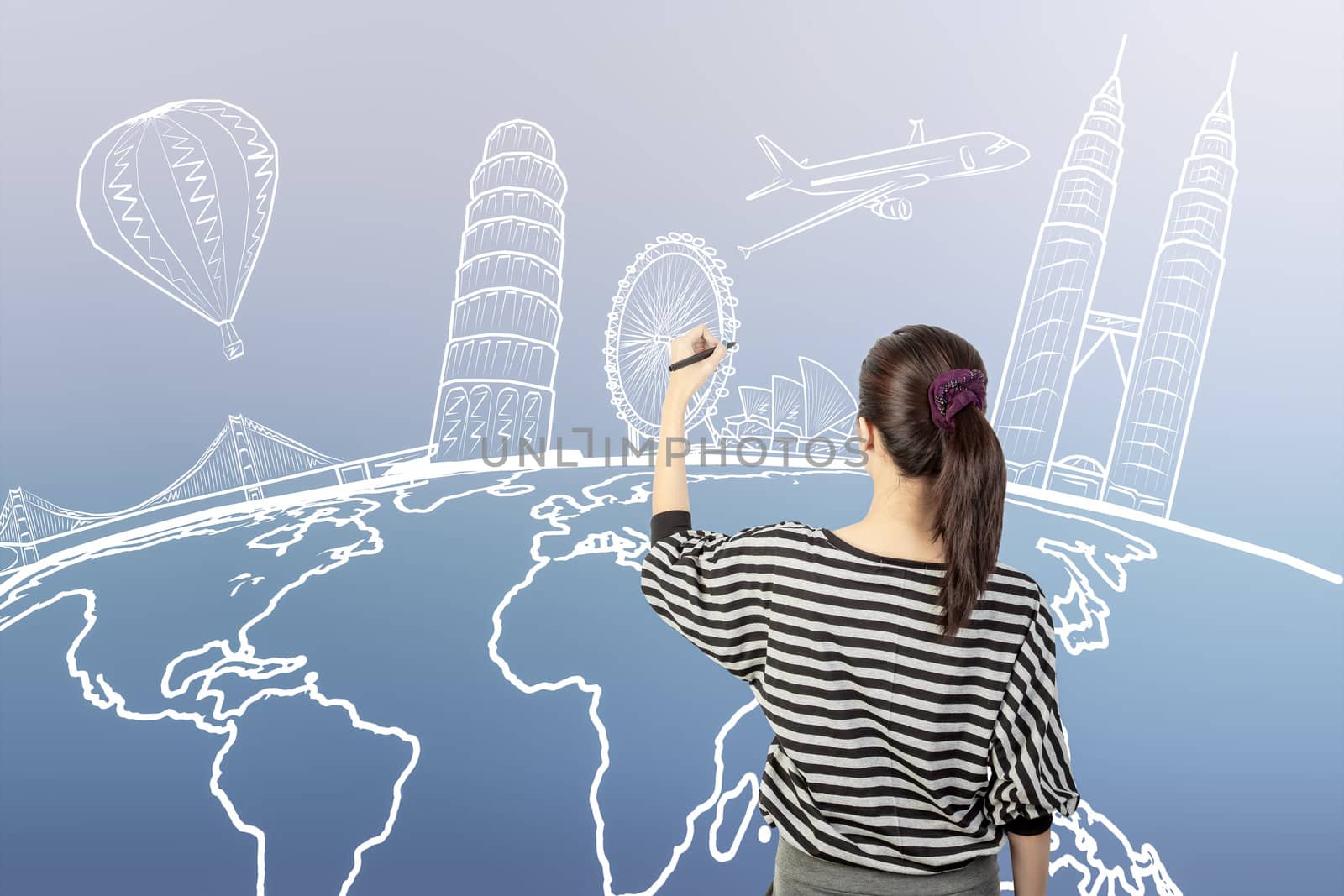 asian woman drawing or writing dream travel around the world by FrameAngel