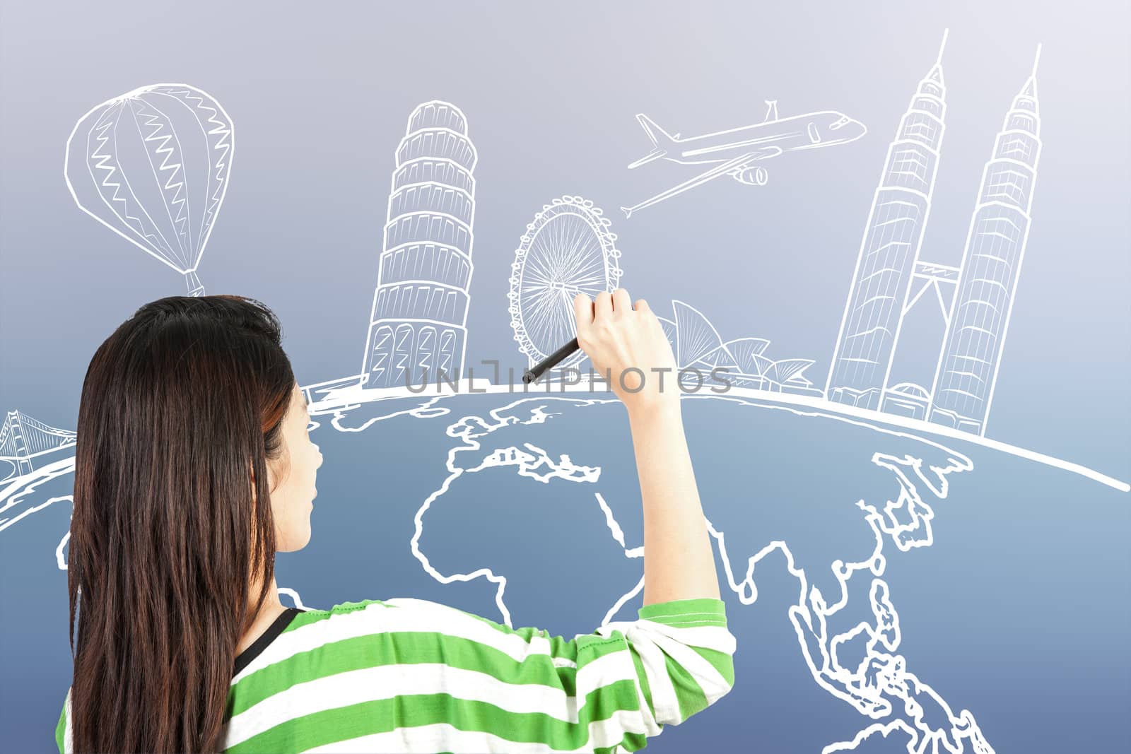 asian woman drawing or writing dream travel around the world