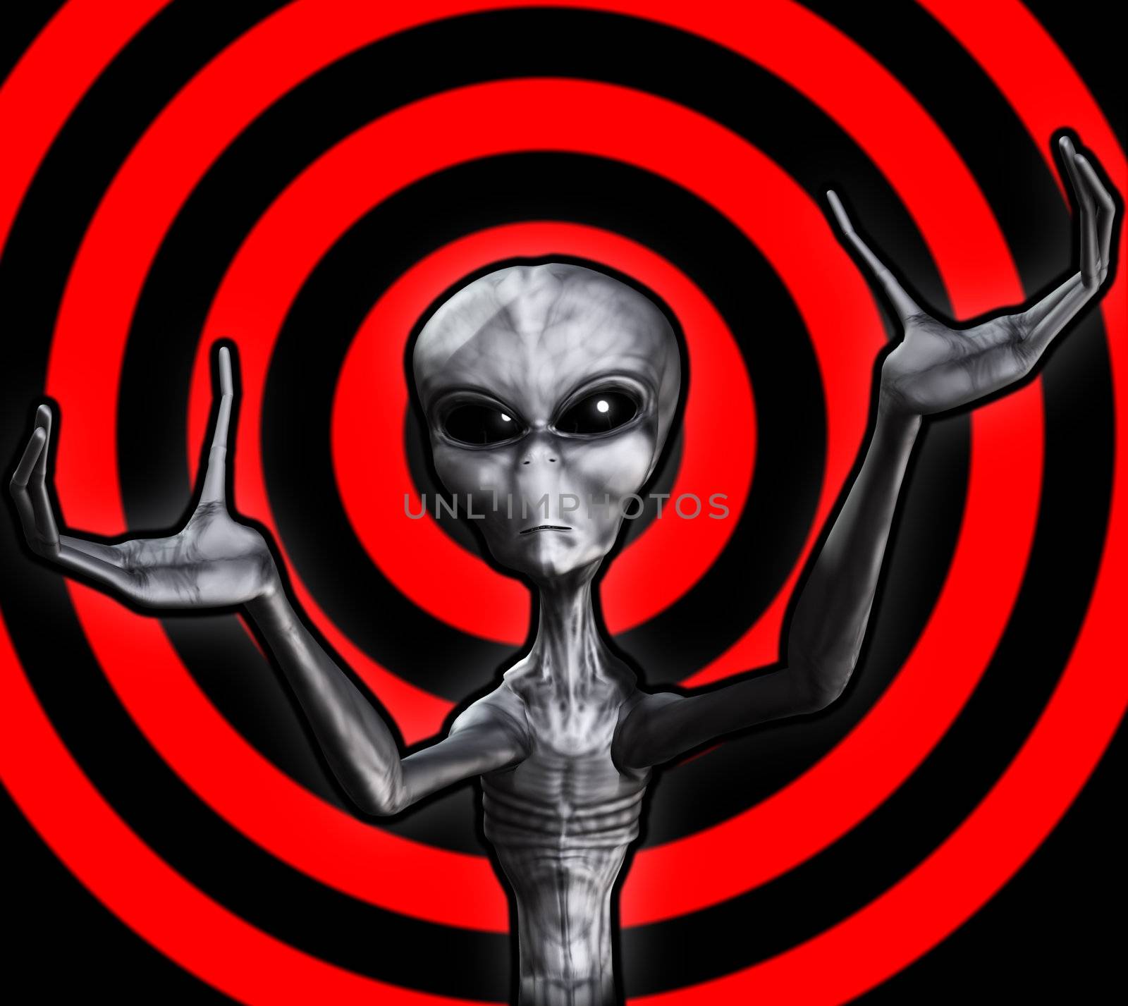 A grey Alien with its hands outreached.