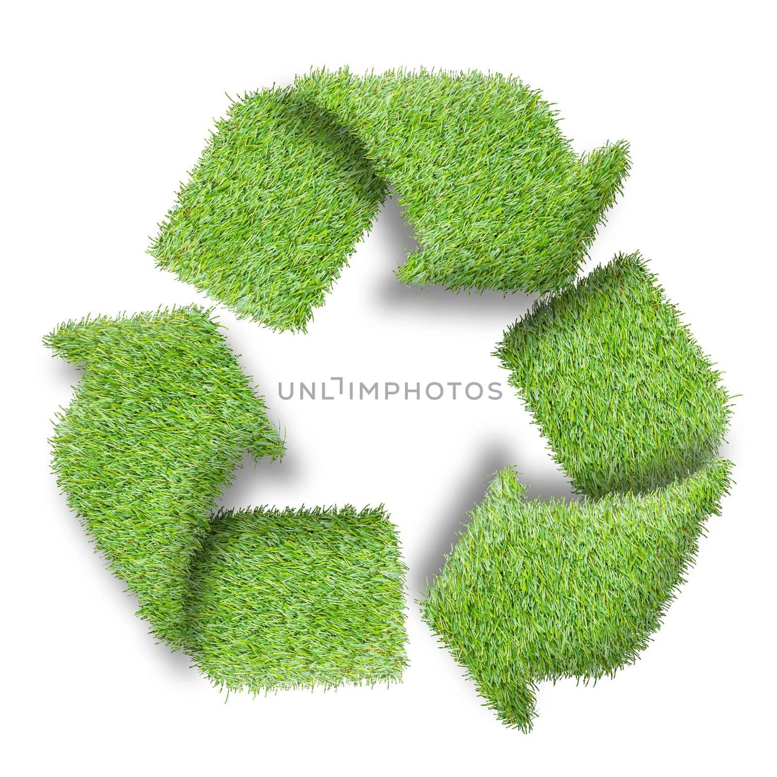 Recycle logo symbol from the green grass, isolated on white