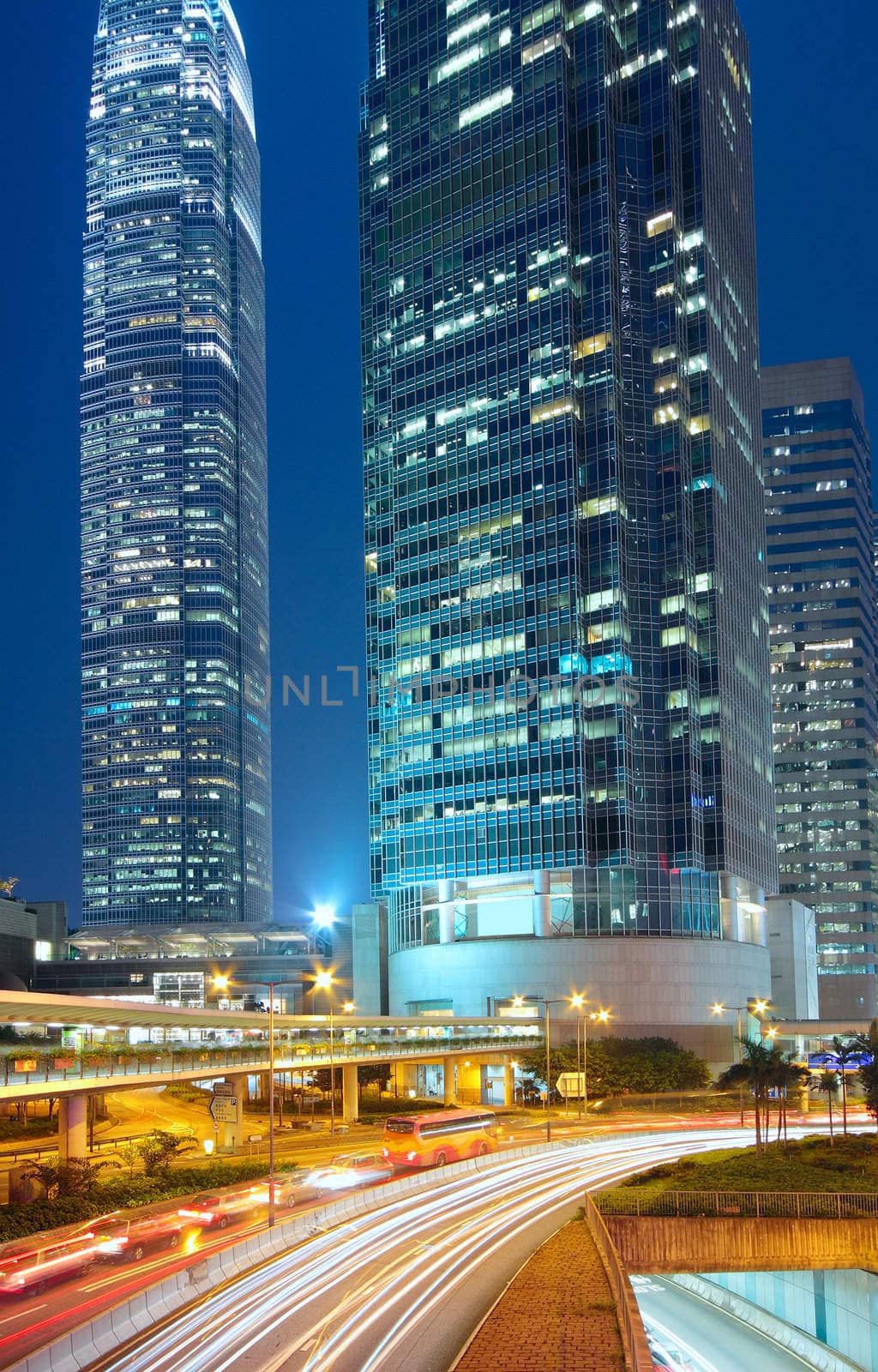 Modern Urban City with Freeway Traffic at Night, hong kong