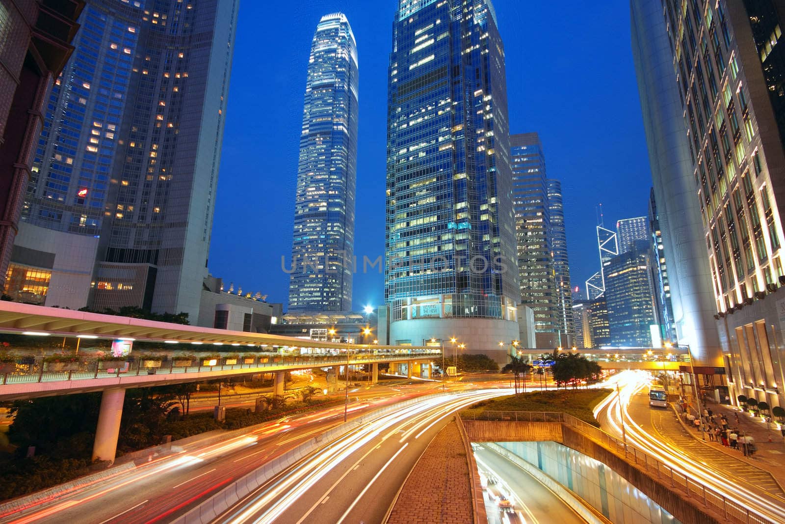 Modern Urban City with Freeway Traffic at Night, hong kong
