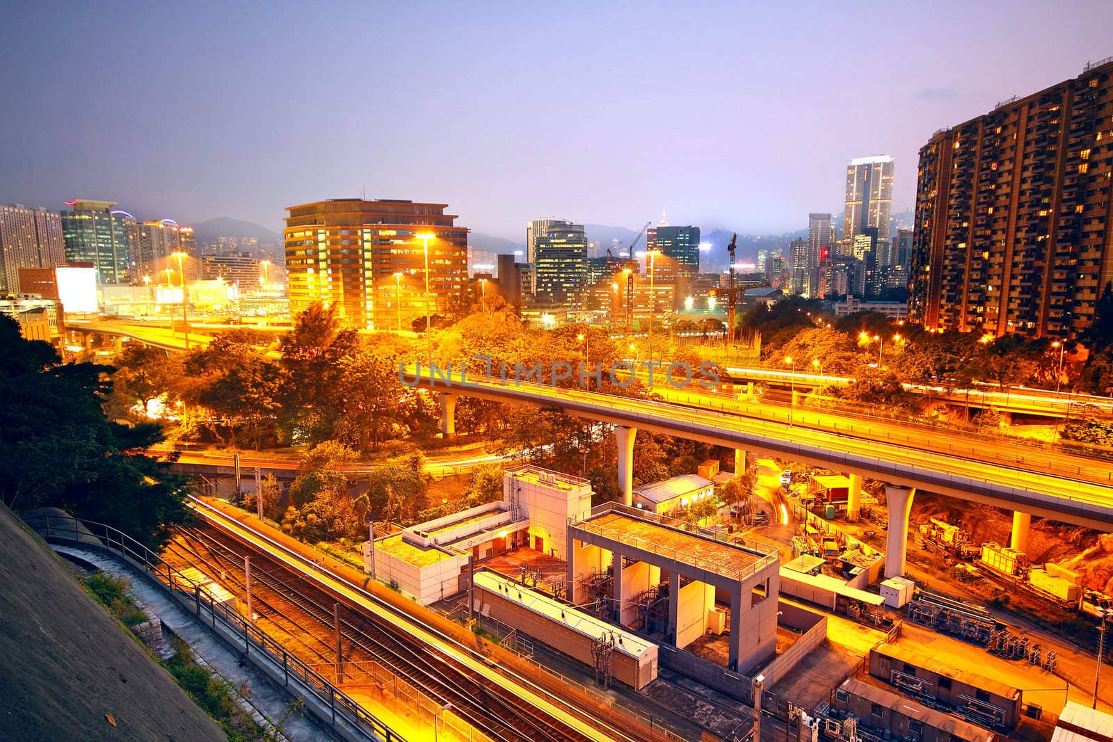 City and train rail, sunset moment