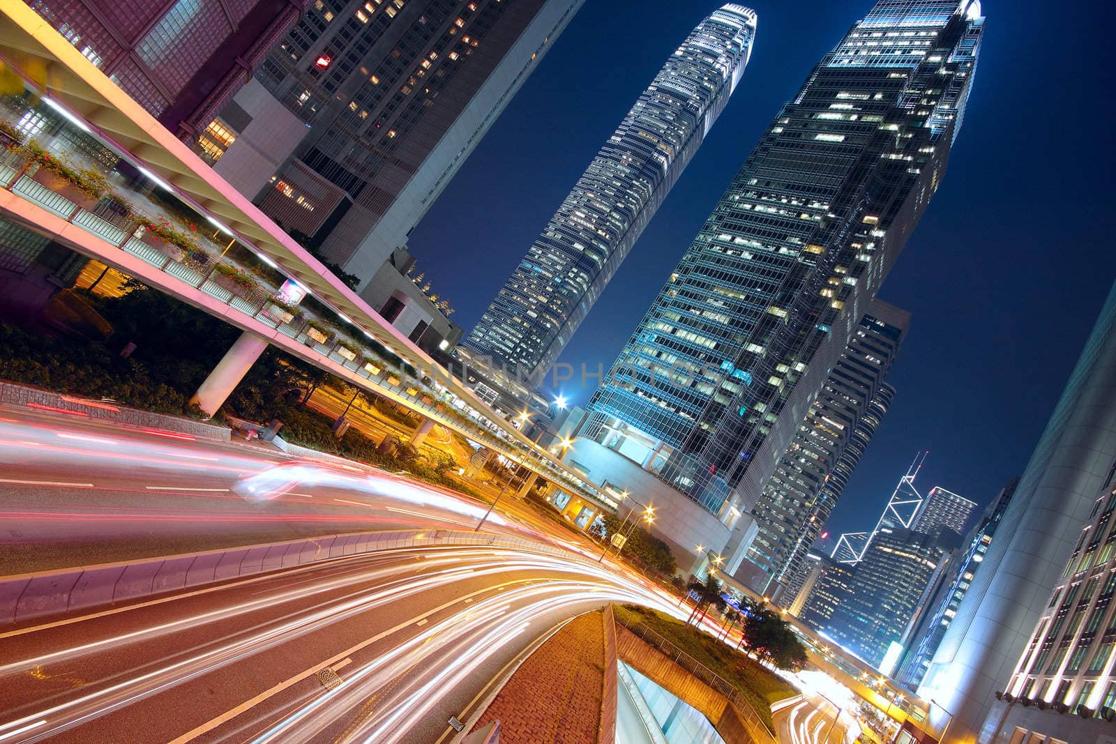 Modern Urban City with Freeway Traffic at Night, hong kong