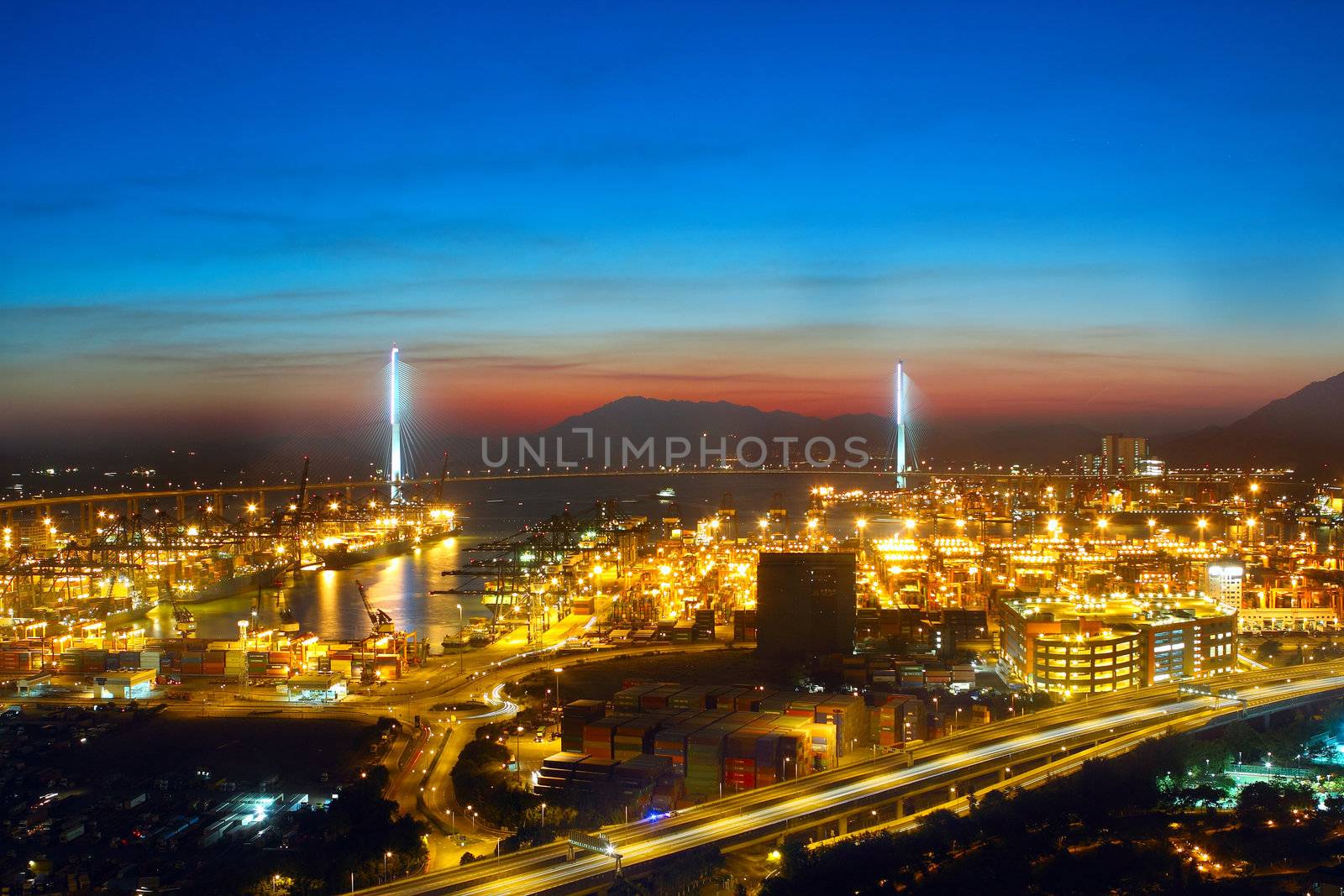 sunset in cargo container terminal