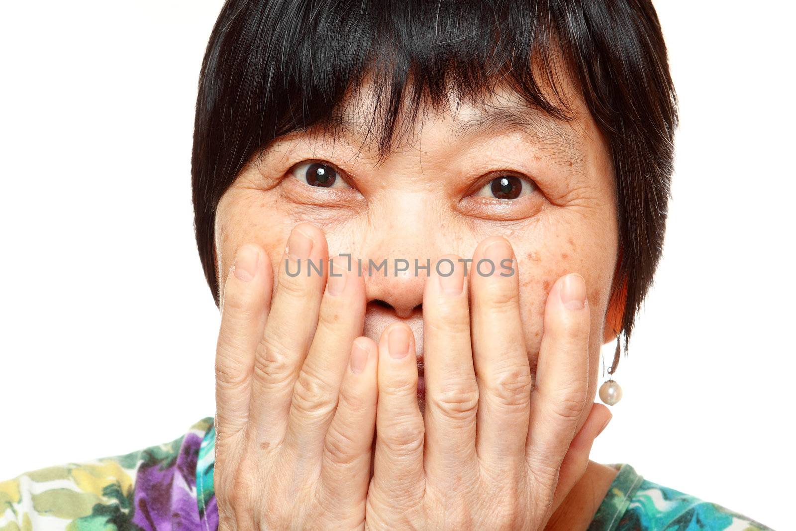 asian woman use hand cover her mouth by cozyta