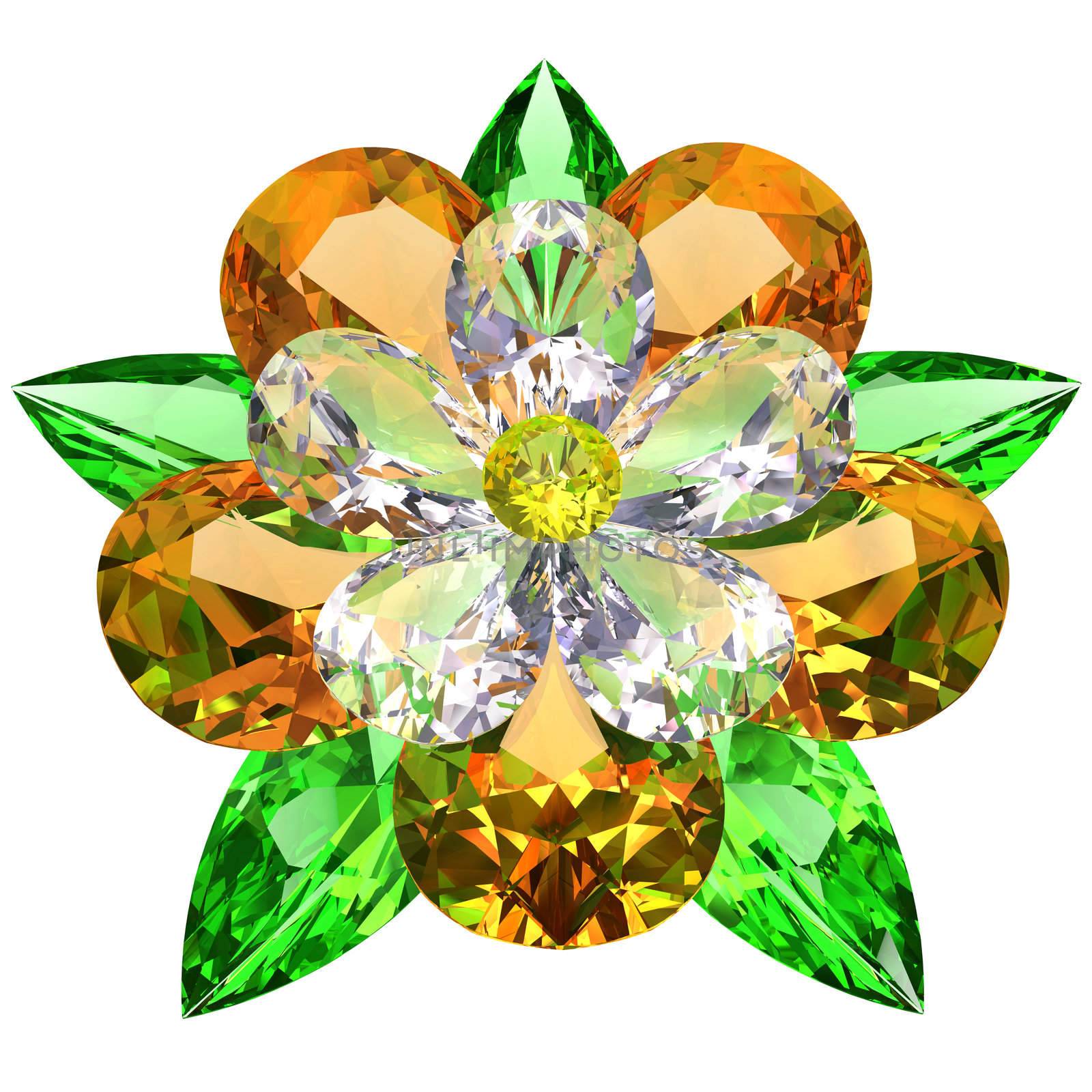 Flower composed of colored gemstones on white background. High resolution 3D image