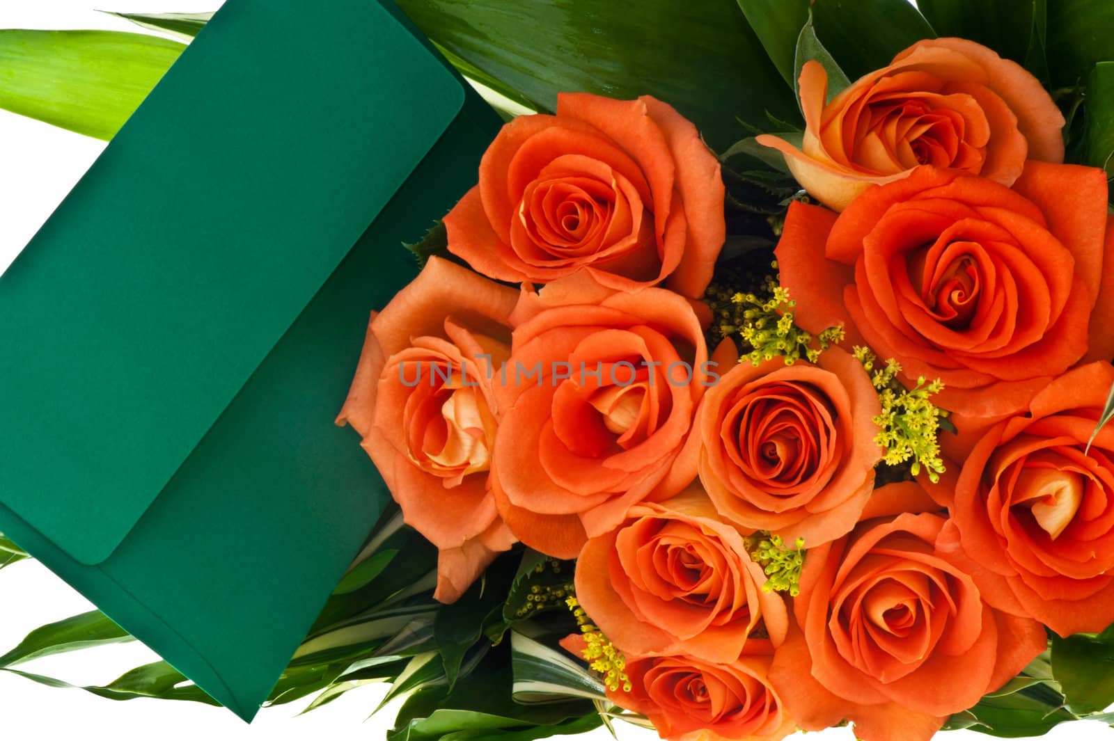 Bouquet of orange roses and ticket on a white background