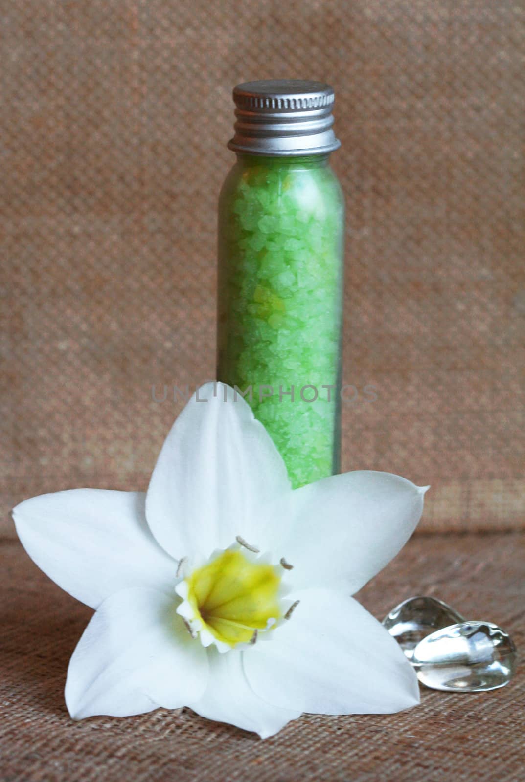 Bottles of sea salt and white flower in spa composition 