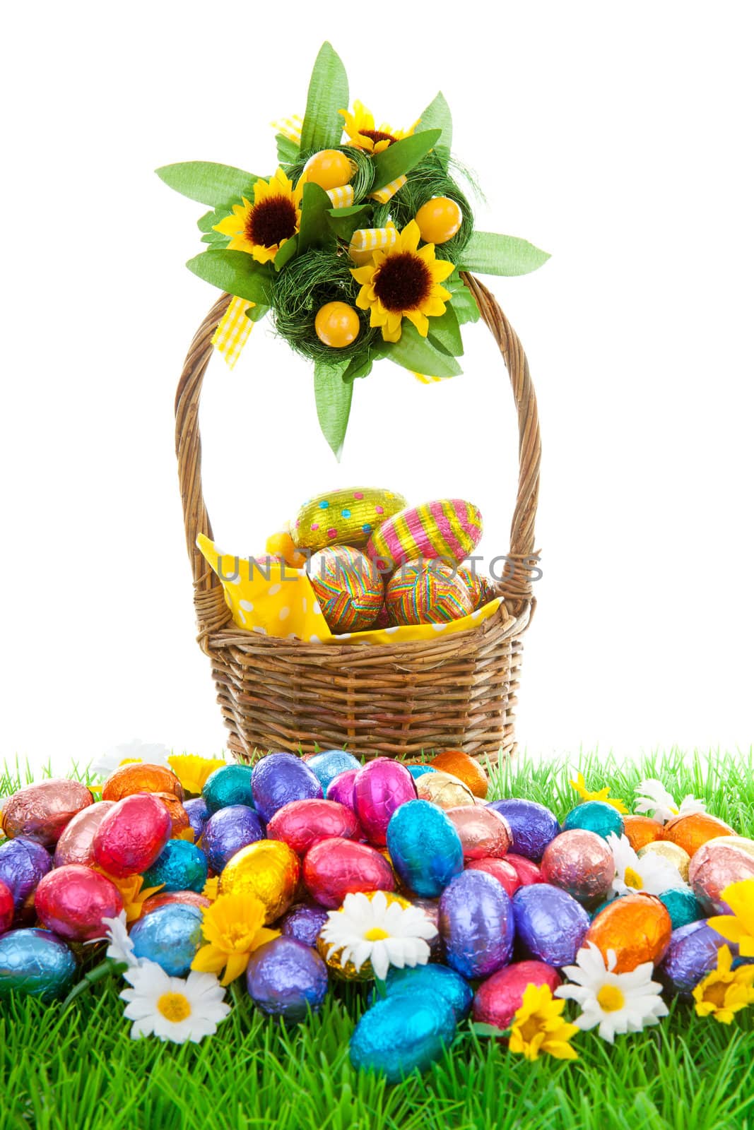 Colorful easter eggs and basket on green grass with flowers