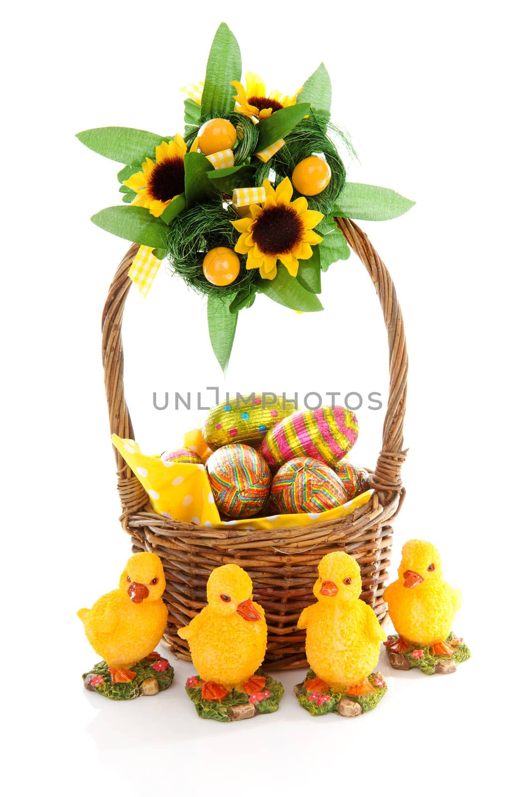 Basket with easter eggs and chickens over white background