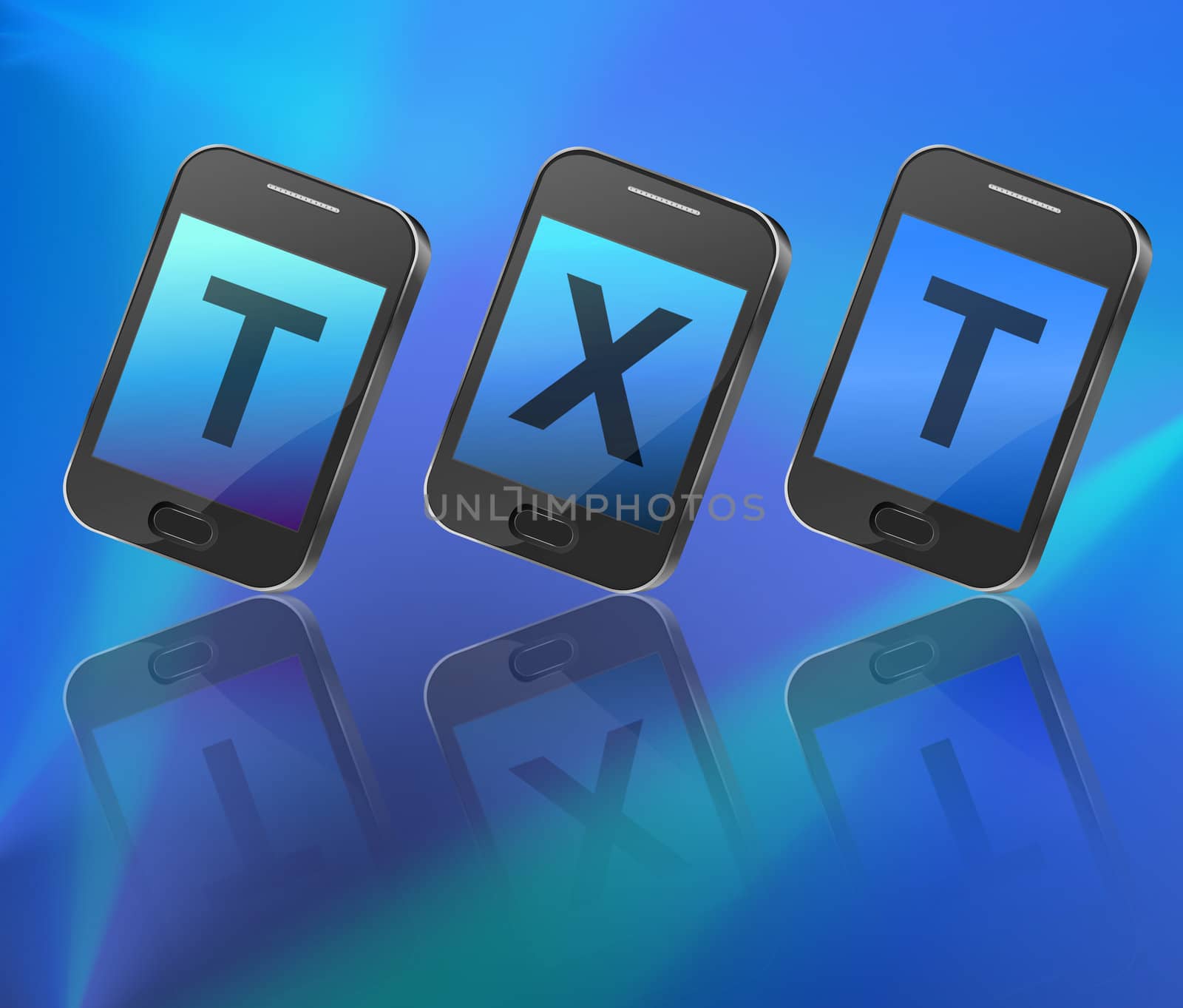 Illustration depicting three illuminated communication devices with displays spelling the abbrieviation 'txt' arranged horizontally over blue and reflecting into the foreground.