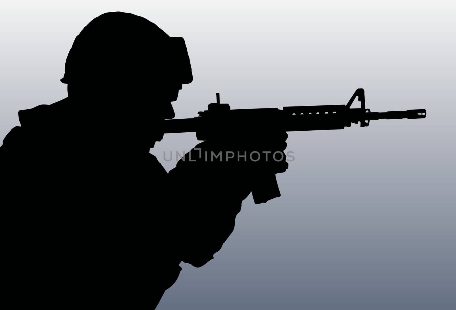 Illustration of a silhouette solider holding a rifle