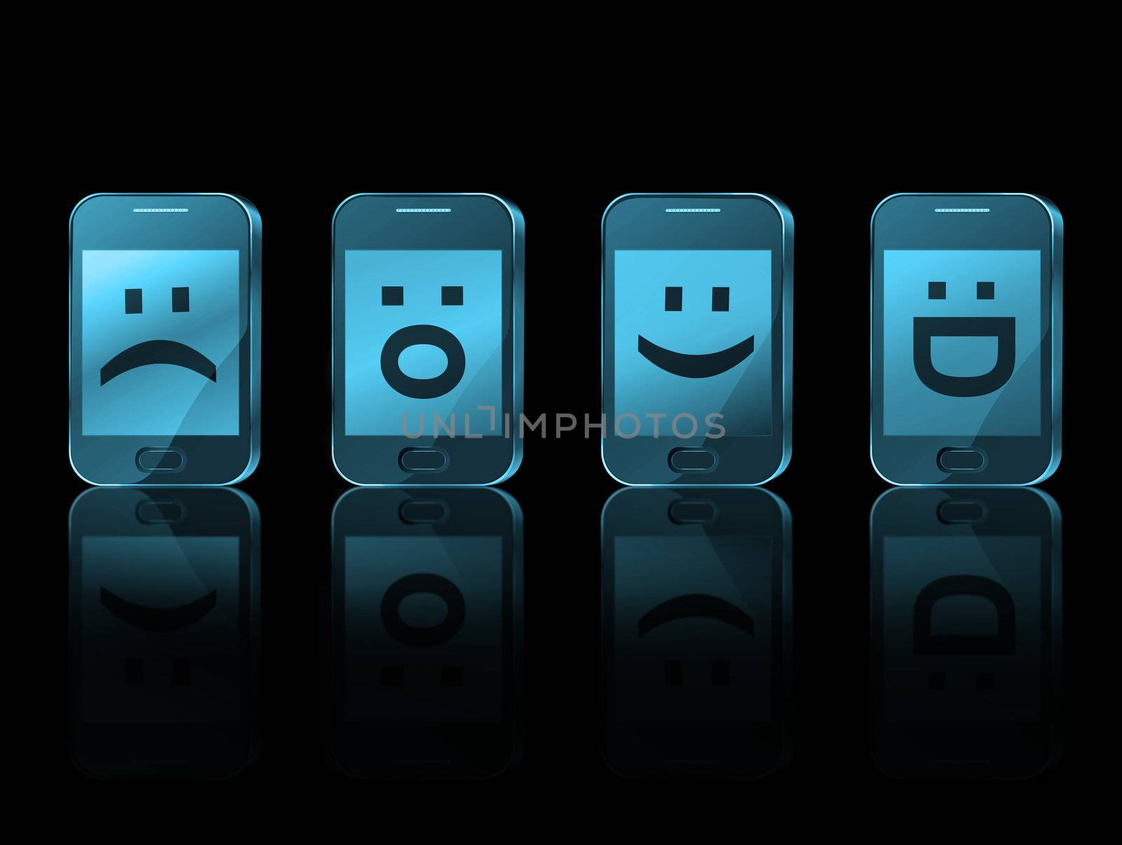 Illustration depicting four illuminated communication devices with various emoticon displays arranged horizontally with blue filter over black and reflecting into the foreground.