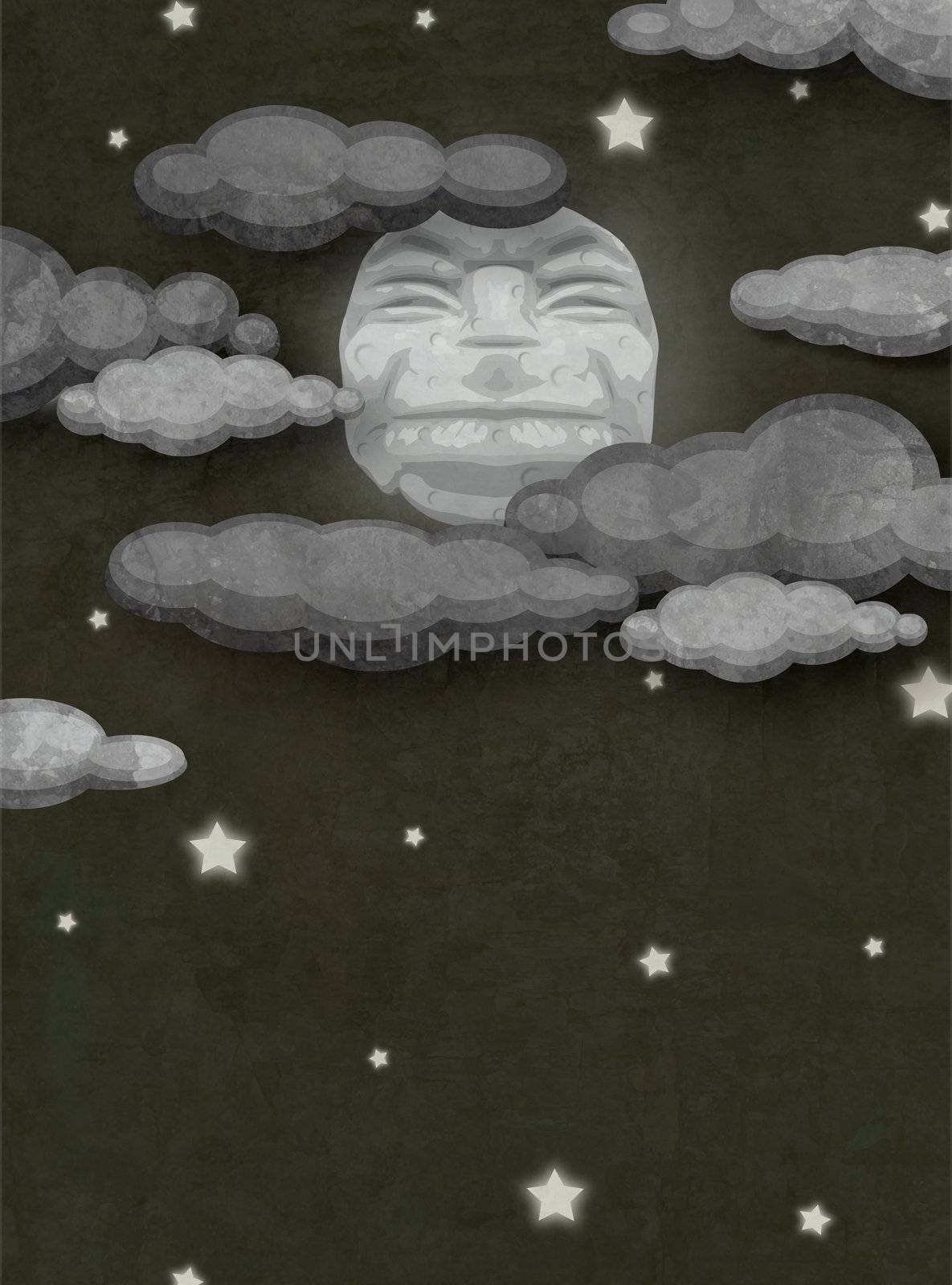 Illustration of a vintage looking moon with clouds