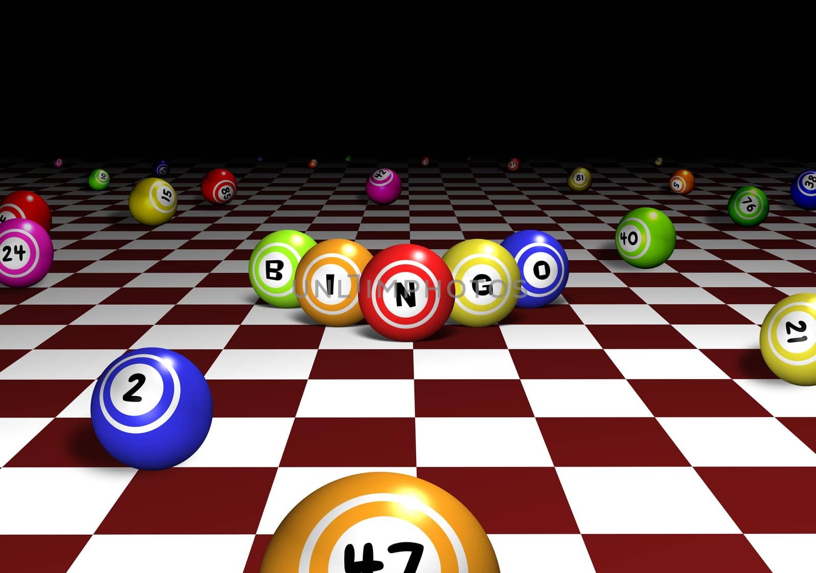 Illustration of bingo balls over a red and white chequered background