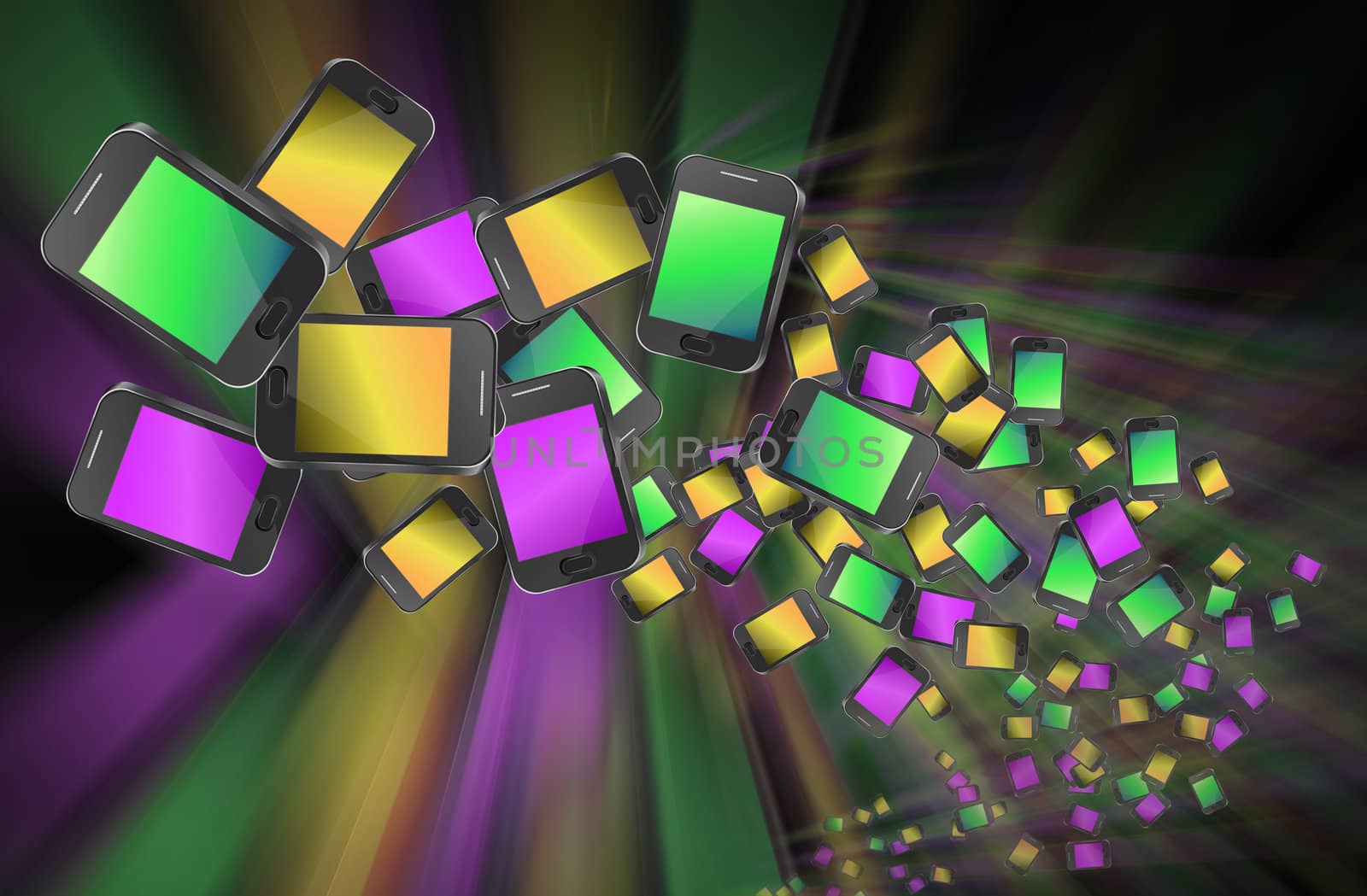 Illustration depicting many illuminated communication devices giving the appearance of being in motion against a dark and blurred background.