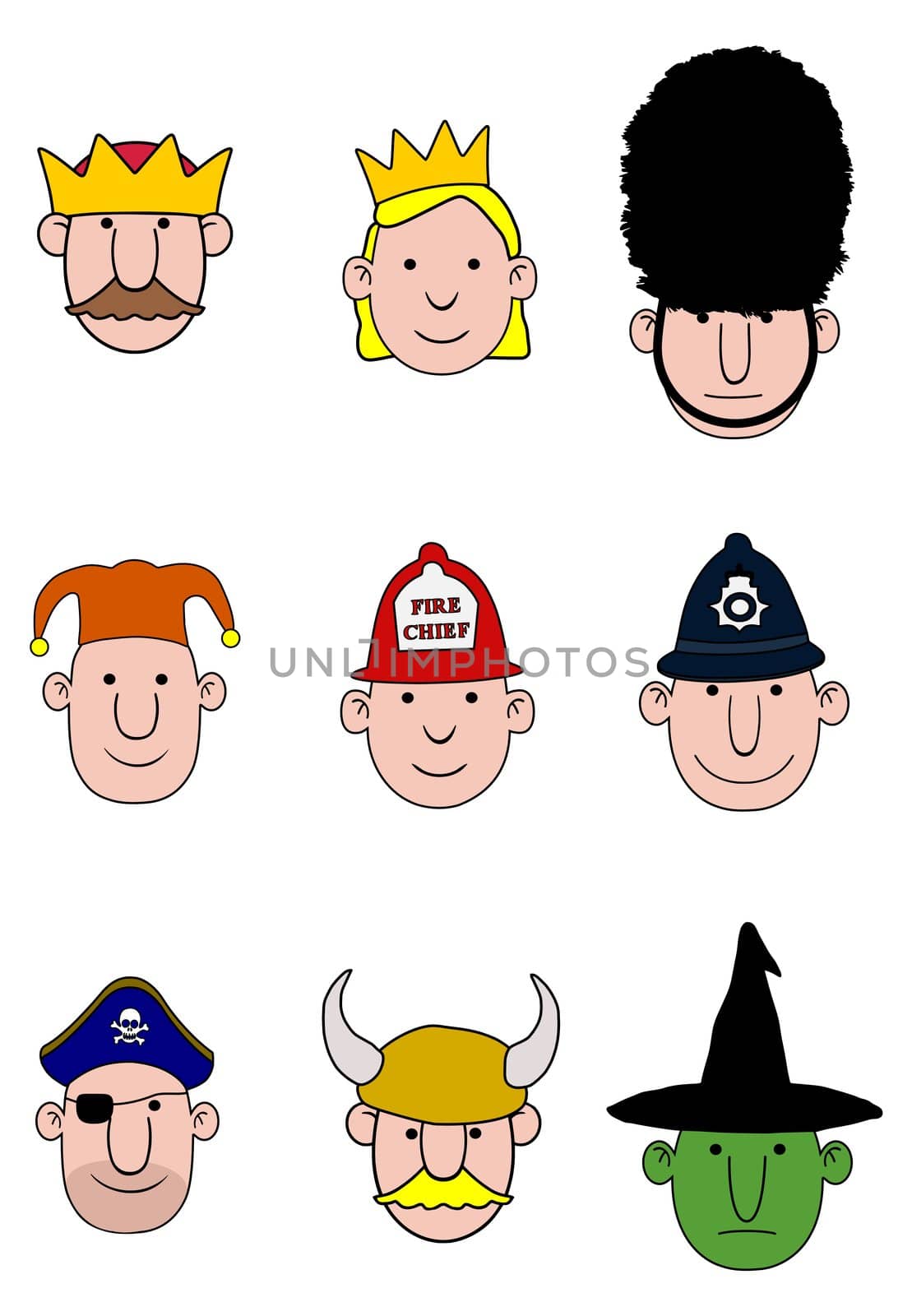 Illustration of nine cartoon character heads