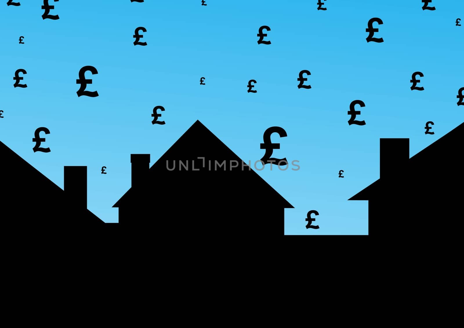 Illustration of houses with pound signs over a blue sky background