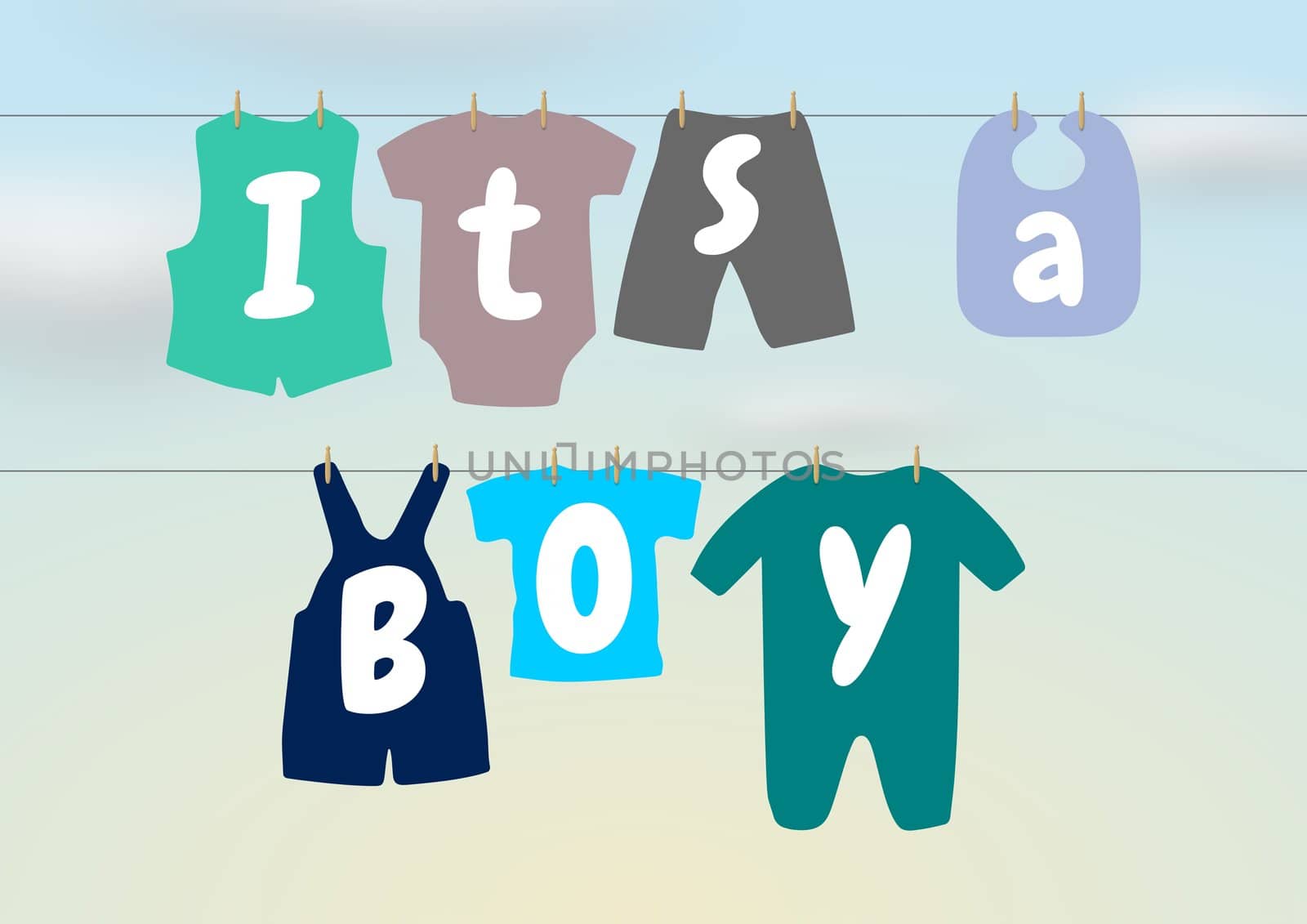 Illustration of a washing line with baby clothes and words saying "It's a Boy"