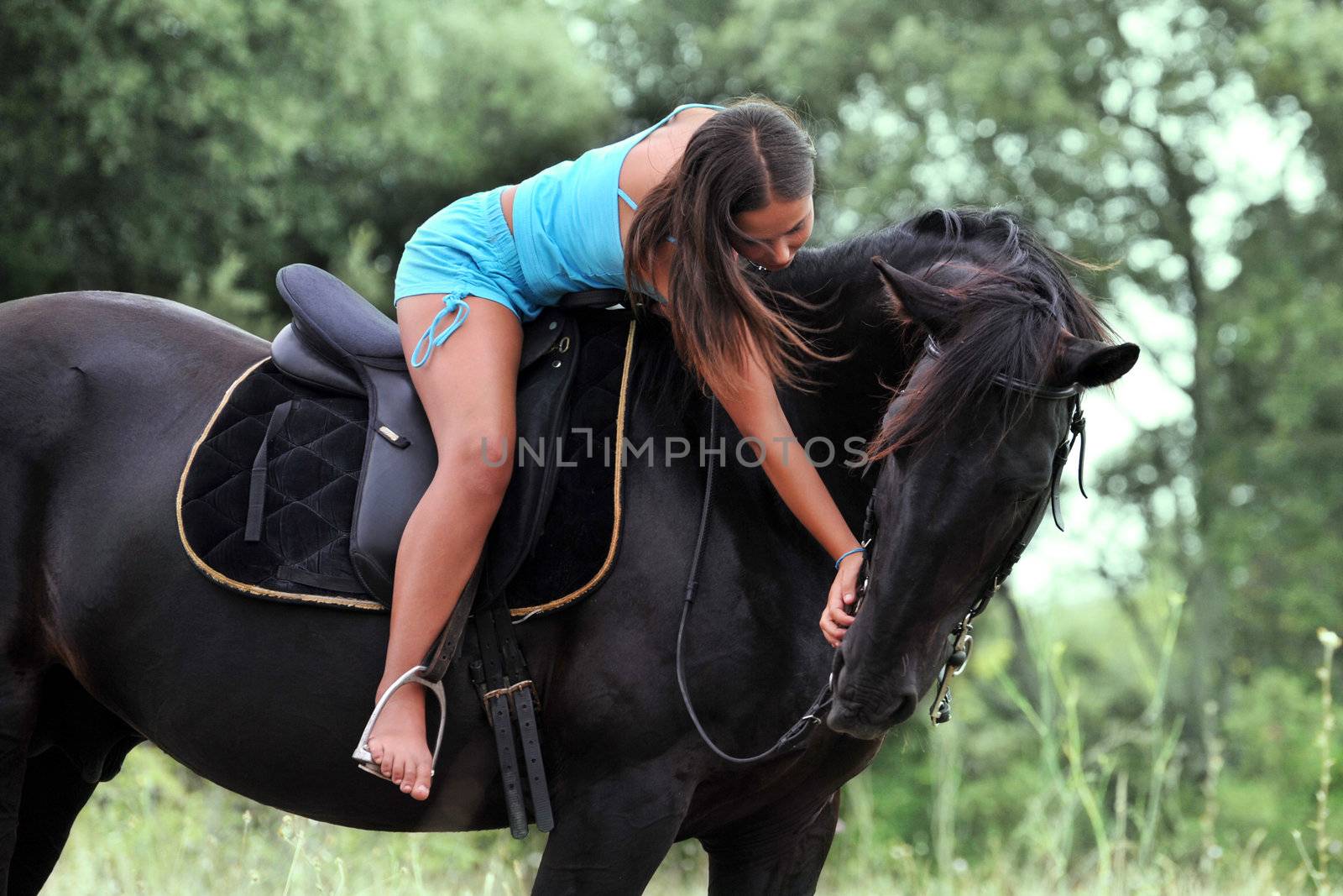 young teenager stroking her black stallion in a field