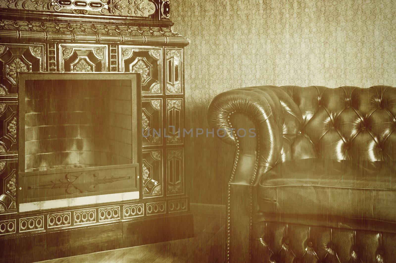An Old Photo Of The Apartment With Chair And Fireplace