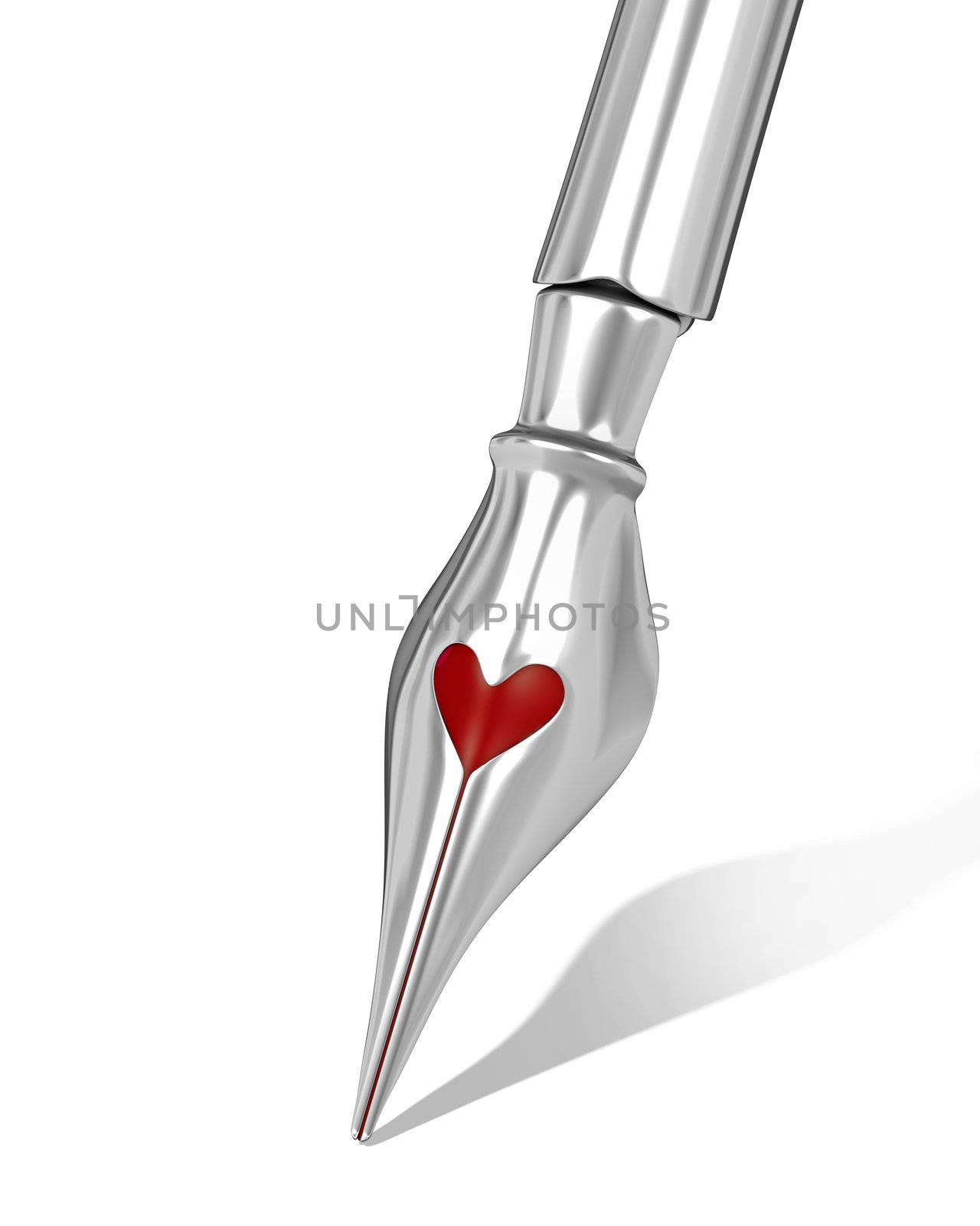 Metal ink pen nib with a heart shaped hole isolated on white background