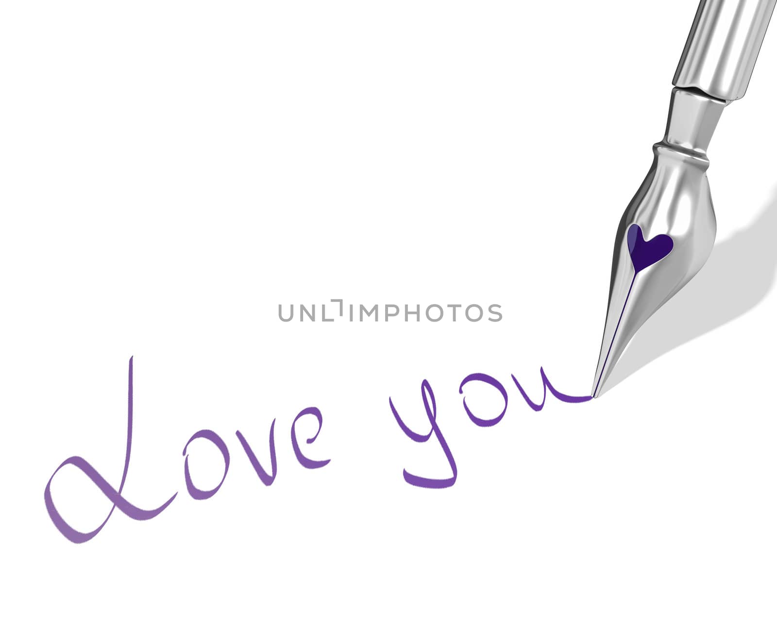 Ink pen nib with heart writes "Love you" isolated on white background
